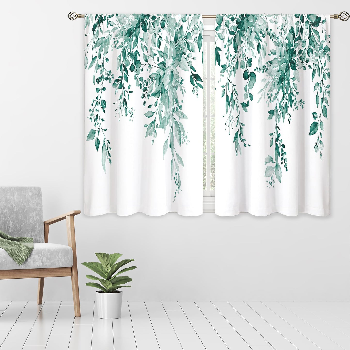 oolygoo Eucalyptus Botanical Leaves Teal Floral Kitchen Window Curtains Over Sink Farmhouse Flower Leaf Small Window Treatment Cafe Short Curtains for Bathroom Treatment Tier Drapes 27.5x39inch