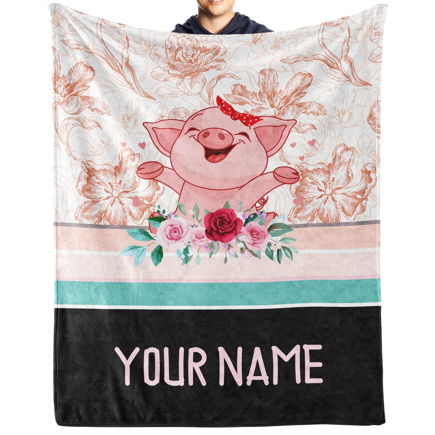 Personalized Pig Blanket Gifts with Text Name,30"x40" Flannel Fleece Throw Blanket Soft for Girls Boys Adults, Lightweight, Comfortable, Warm Cute Pig Themed Blanket for Bed Couch