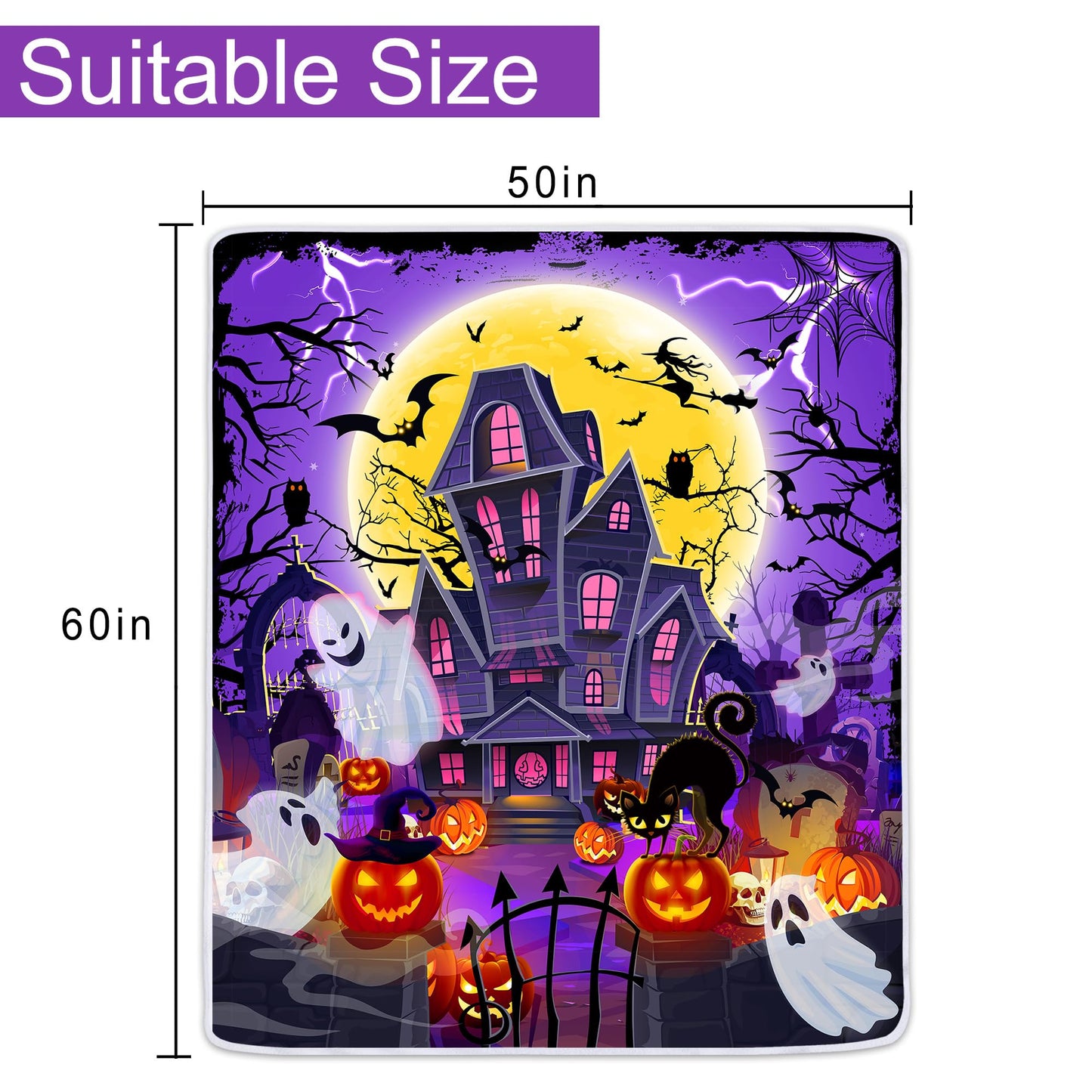 Halloween Blanket, Spooky Ghosts Blanket for Women, Castle Jack-O-Lantern Pumpkins Soft Flannel Fleece Throw Blankets for Kids Bed Living Room Couch, 50x60 Inches, Purple for Girls Boys