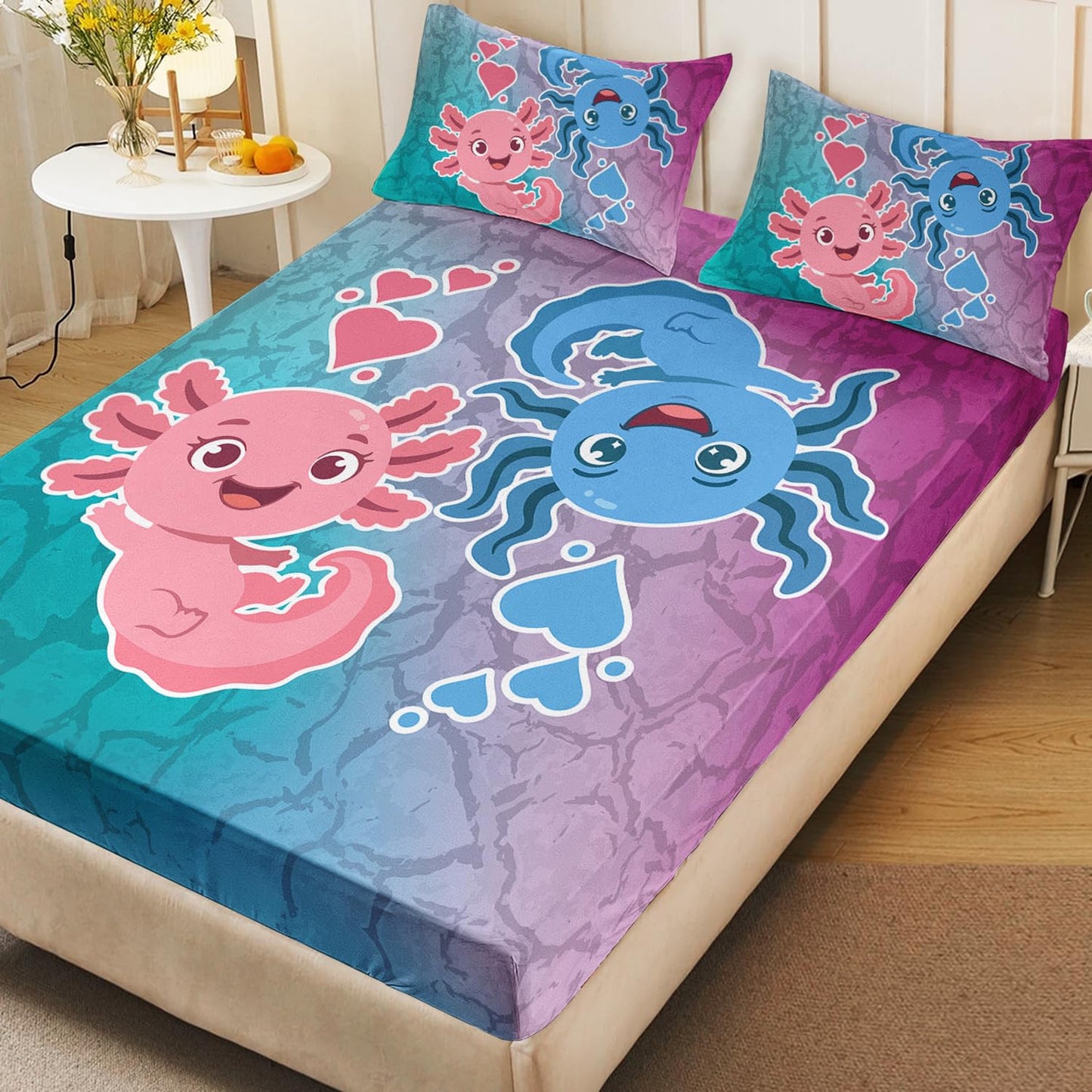 HOSIMA Axolotl Bedding Set Pink and Blue Axolotl Pattern Kawaii Twin Fitted Sheet Set for Kids Bedroom Decor,1 Fitted Sheet+2 Pillowcases.
