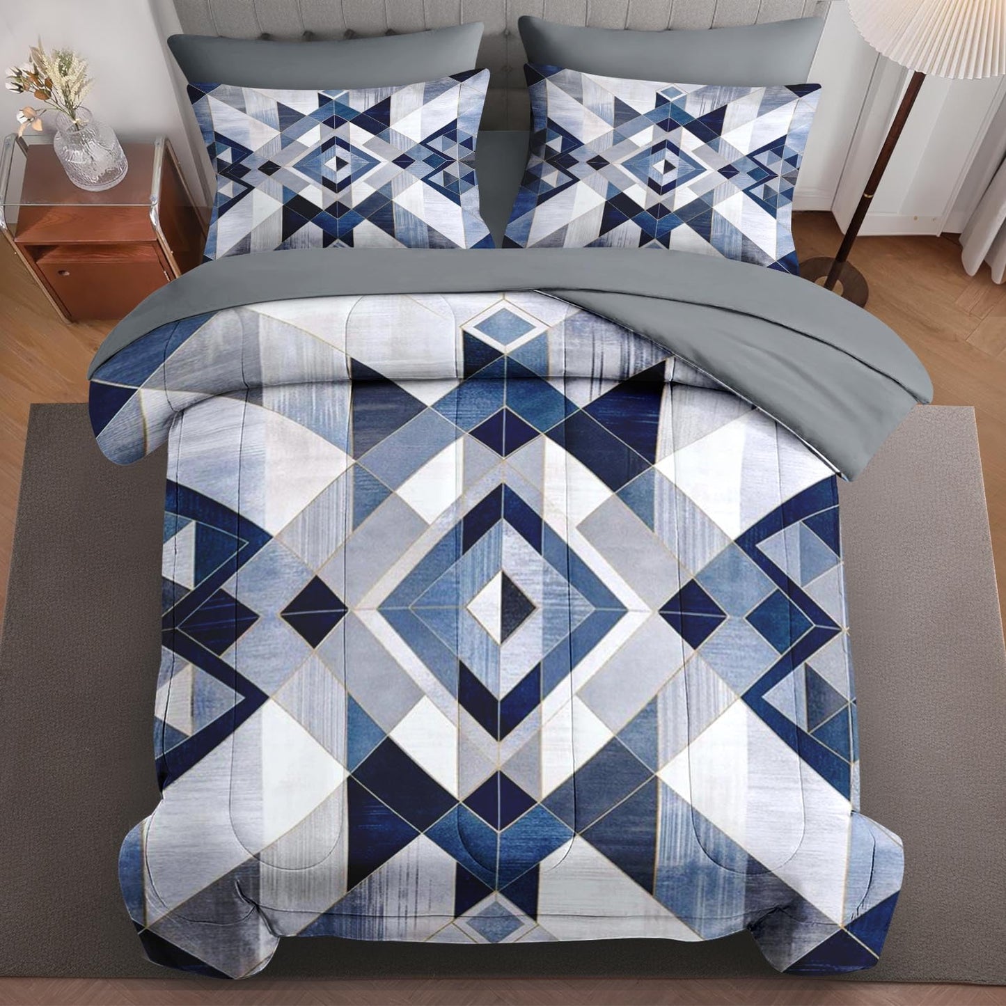 Boewywh Comforter Set Twin Size Geometric Abstract Modern 7 Pcs, Bedding for Kids and Adults, Blue Navy Bed Sheet Sets with Fitted Sheet 2 Pillowcases & 2 Shams for Bedroom Bed Decor