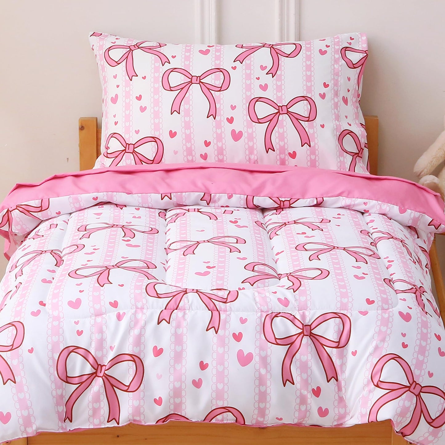 Viviland Pink Bow Toddler Comforter Sets, Cute Girls Toddler Bedding Set, Soft Microfiber Pink Toddler Bed Set