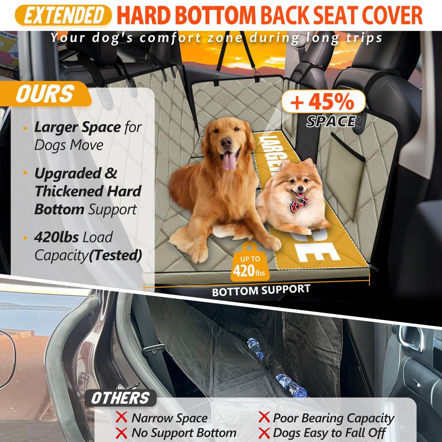 ROUWINNE Back Seat Extender for Dogs-Large Space, Dog Car Seat Cover Hard Bottom Holds 420lbs, Sturdy Backseat Extender for Dogs, Upgraded Waterproof Pet Car Bed Dog Hammock for Car SUV, Truck Khaki