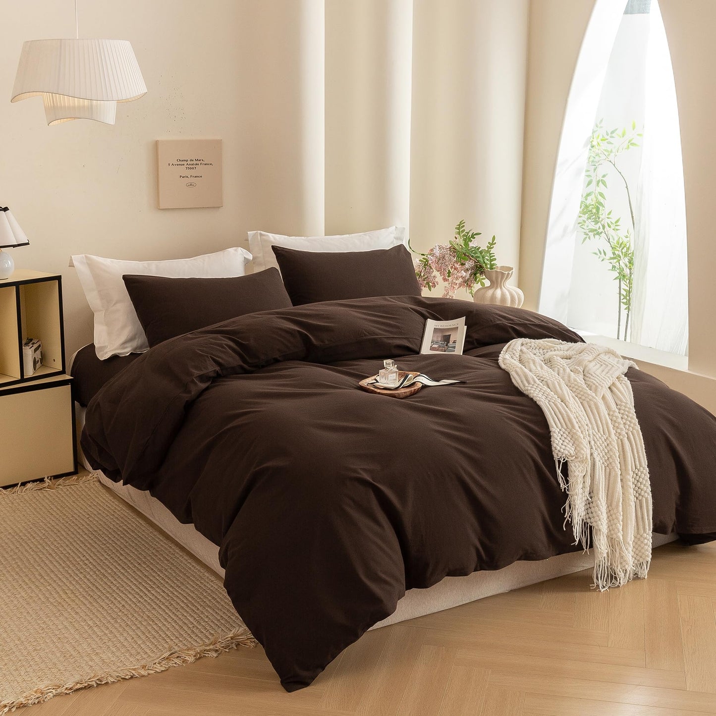 ECOCOTT Duvet Cover Queen Size -100% Washed Cotton Linen Like Textured Breathable Durable Soft Comfy Bedding Set with Zipper Closure & Corner Ties (Cocoa Brown, 90"x90")