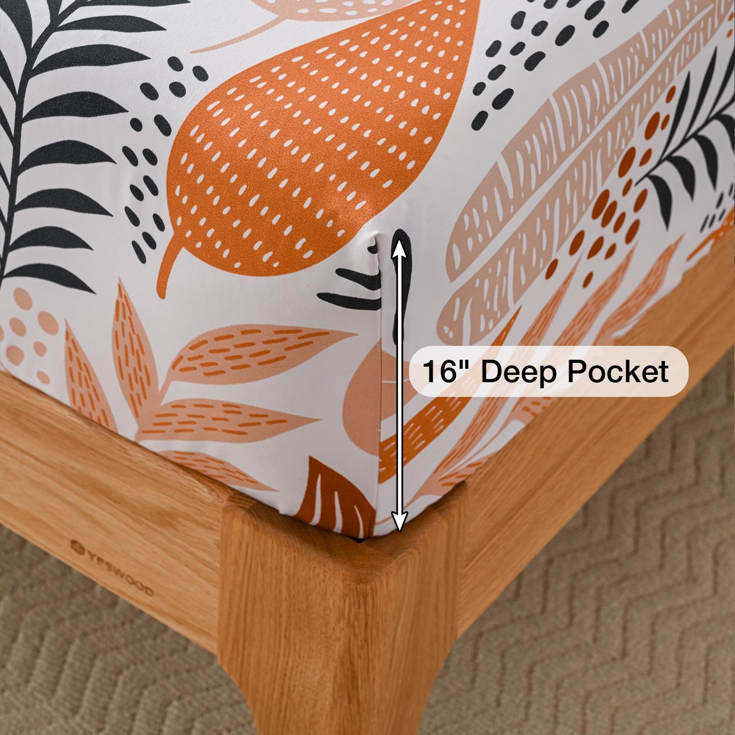 Yibeizi Boho Leaves Printed Sheet Set Queen, Botanical Pattern Bed Sheets Microfiber Bedding Sheets & Pillowcases Soft 15" Extra Deep Pocket Fitted Bedsheet 4 Piece