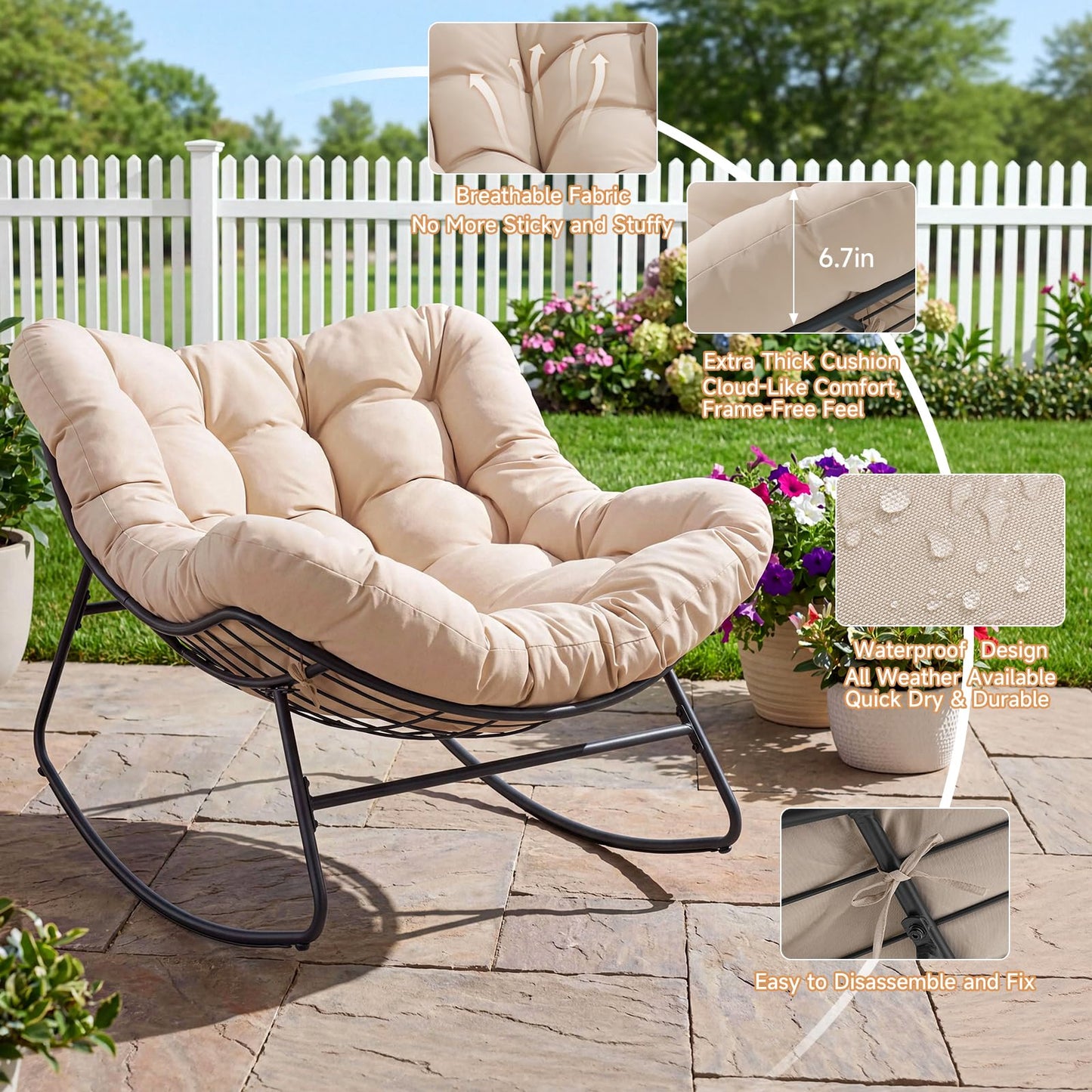 Dovov Outdoor Papasan Rocking Chair, Oversized Rocking Chair with Thickened Cushion, 450 lbs Heavy Duty Comfy Patio Egg Chair, Oversized Outdoor Rocker Chair for Porch Garden Balcony Indoor, Beige