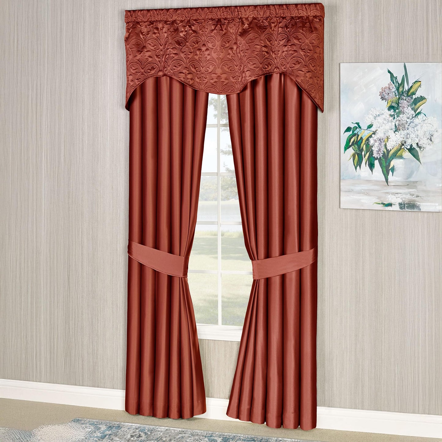 Cambridge Classic Luxury Window Treatment | Warm Cinnabar Solid Color Polyester Satin | Elaborate Damask Quilted Scalloped Valance | Drapery Set Includes Scalloped Valance & 84L Lined Curtain Pair