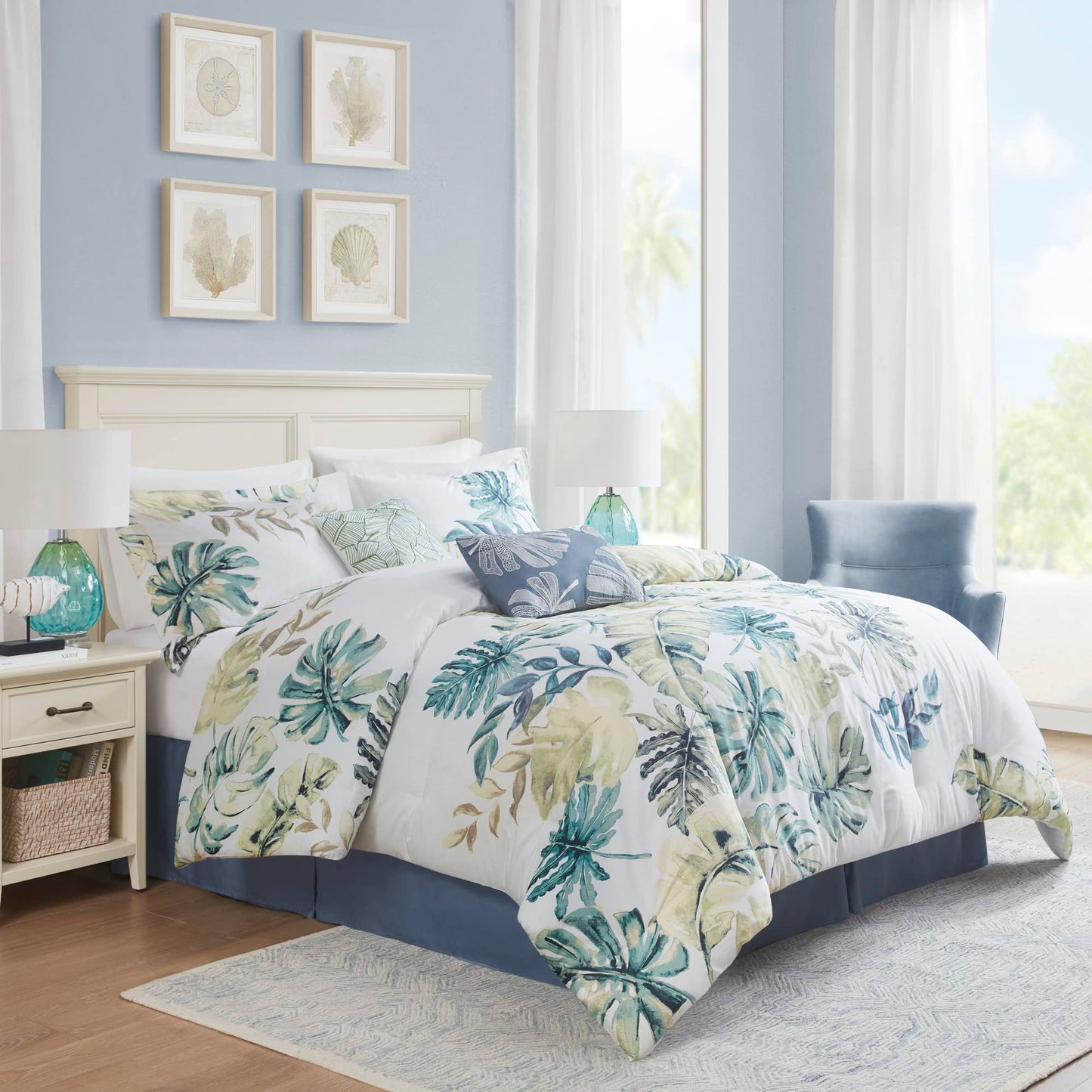 Harbor House Cozy Cotton Comforter Set - Coastal, All Season Down Alternative Casual Bedding with Matching Shams, Decorative Pillows, Lorelai, Monstera Leaf Green King(110"x96") 6 Piece