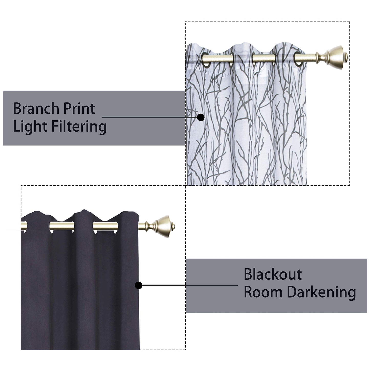 BONZER Mix and Match Curtains - 2 Pieces Branch Print Sheer Curtains and 2 Pieces Blackout Curtains for Bedroom Living Room Grommet Window Drapes, 37x95 Inch/Panel, Grey Dark, Set of 4 Panels