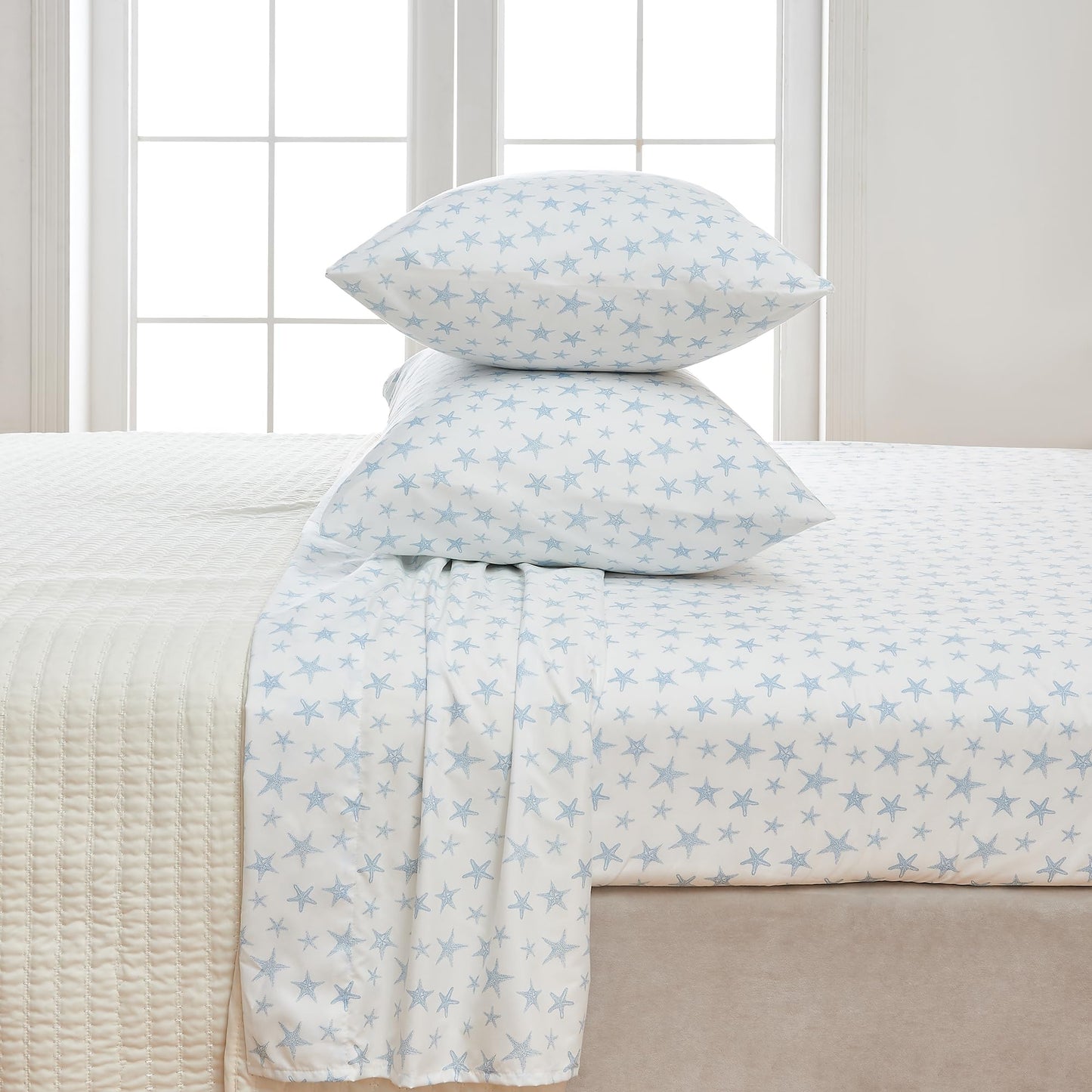 Great Bay Home Twin Coastal Microfiber Sheet Set - 3-Piece Nautical-Printed, Ultra-Soft Sheets - Beach-Themed Bedding Sheets & Pillowcases (Starfish - Blue)