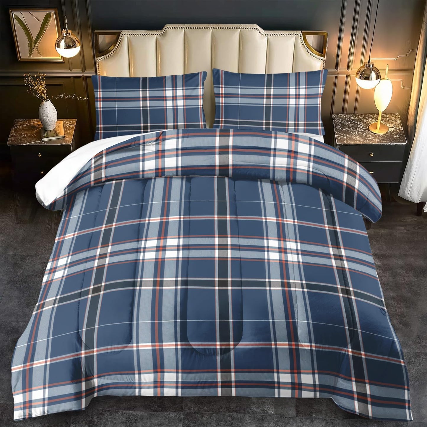 llyxsesty Blue Grid Comforter Set Queen Teens Plaid Design Bedding Set for Boys Gingham Comforter Queen Girls Quilt Plaid Bedroom Decor Grid Checkered Bedding Bed Decor