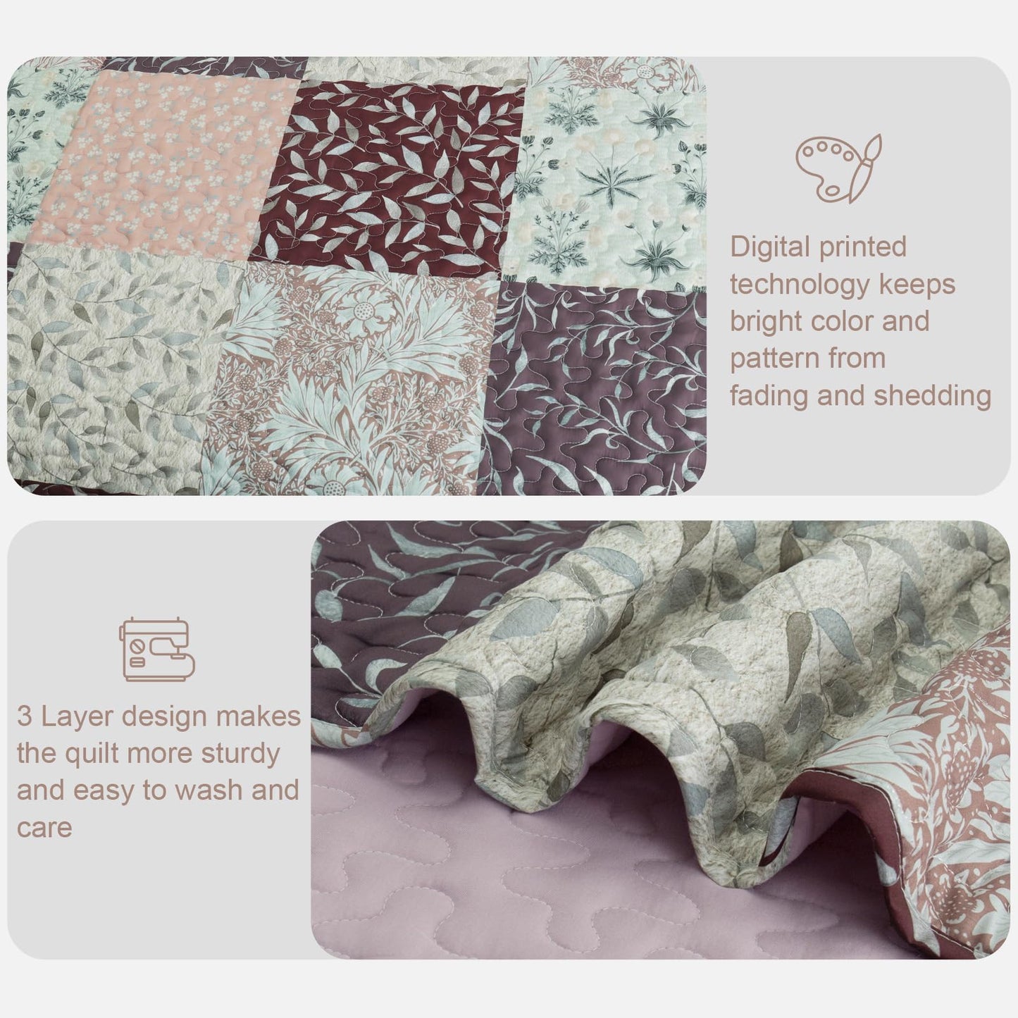 Exclusivo Mezcla Reversible Boho Quilts Queen Size, Brown Soft Bedspreads Lightweight Coverlet All Season Patchwork Quilt Bedding Set with Printed Floral Pattern (1 Quilt, 2 Pillow Shams)