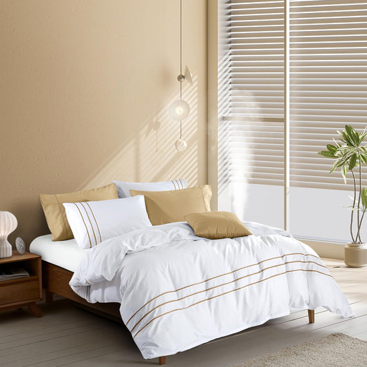 MengBoo Duvet Cover Set 3 pcs(1 Duvet Cover+2 Pillowcases) 100% Cotton Sateen Woven Hidden Zipper Closure (White Beige, Queen)