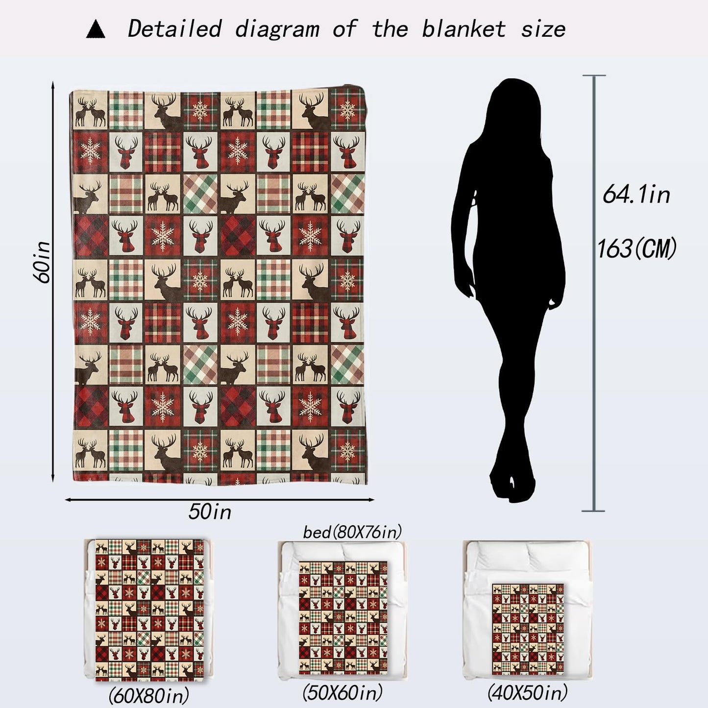 ainori Christmas Decorative Throw Blanket, Deer Red Black Buffalo Plaid Print Decoration,Flannel Winter Blankets for Couch Sofa,Holiday Decor,Xmas Festival Rustic Gifts for Kids Adults 50x60 Inch