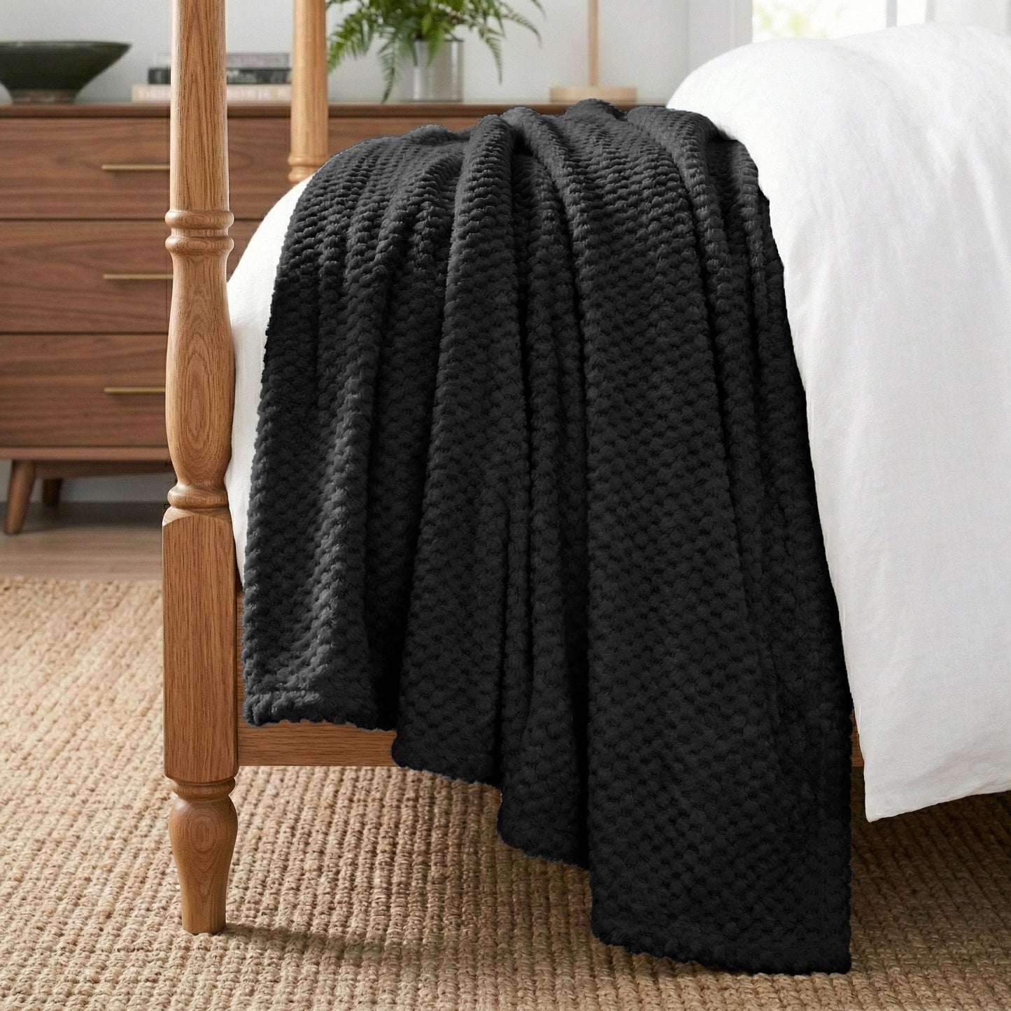 Superior Lily Pebbled Fluffy Fleece Blanket, Artisanal Popcorn Texture Soft Throw for Couch, Bed and Living Room Decor, Bedroom Essentials, Extra Cozy Fuzzy Warm Cover, Full Queen Size, Black