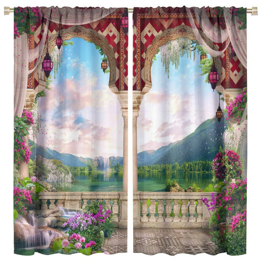 Italian Natural Scenery Curtains,Beautiful Mountain Lake Stone Arch View Room Darkening Thermal Insulated Window Curtain for Living Room Bedroom Decor W42xL45in
