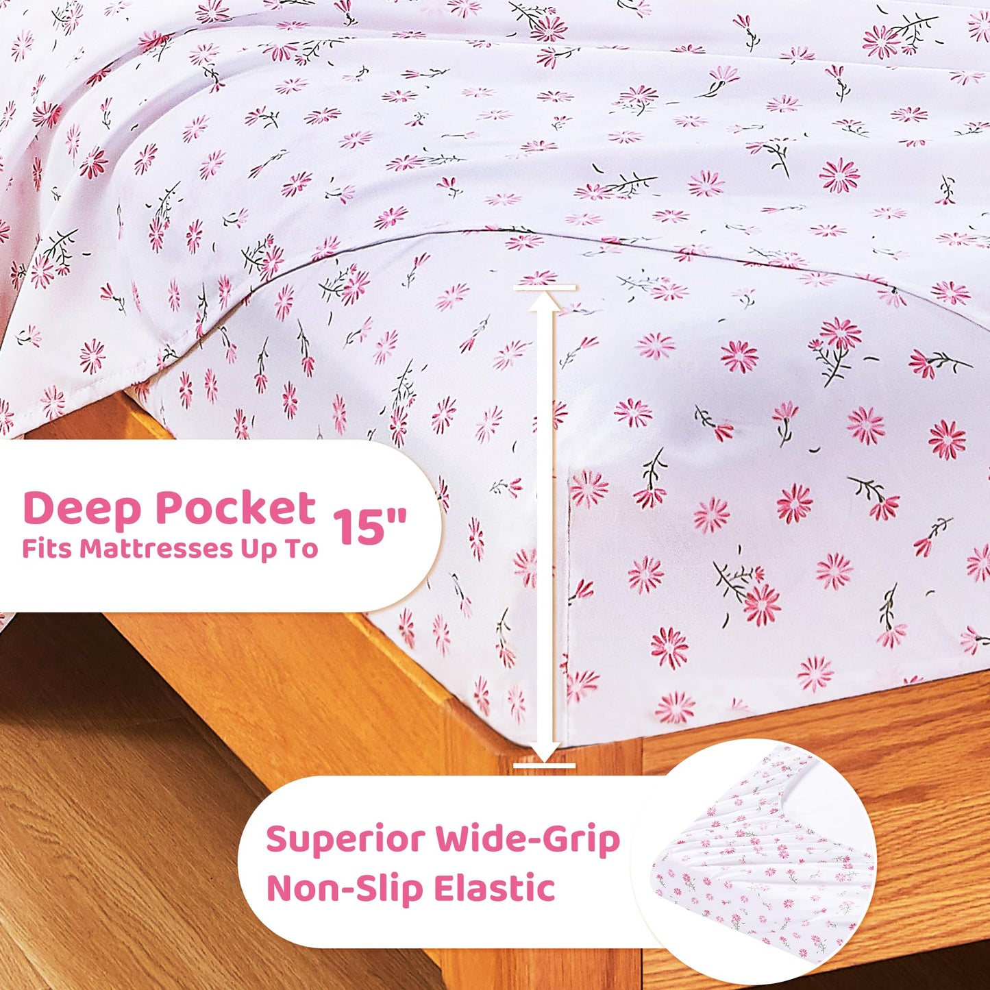 Mooreeke Cozy Vintage Microfiber Printed Floral Twin Sheet Set - Soft & Breathable Pink Daisy Bed Sheets with Extra Deep Pocket - Non-Slip Fitted Design - Daisy Pattern - Twin