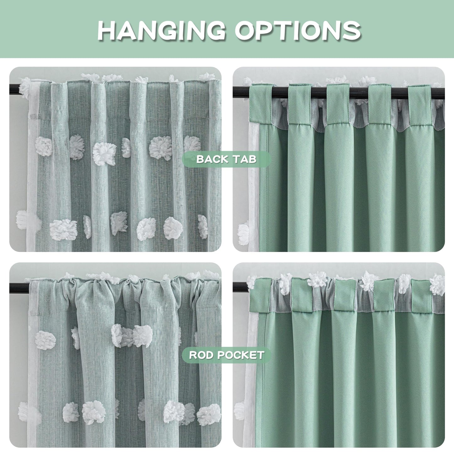 MYSKY HOME Kids Curtains for Boys Bedroom 63 Inches Long Room Darkening Double Layer Drapes for Son Room Decor White Pom Pom Sheer Back Tab Blackout Curtain 2 Layers Aqua 52 x 63 Inch 2 Panels