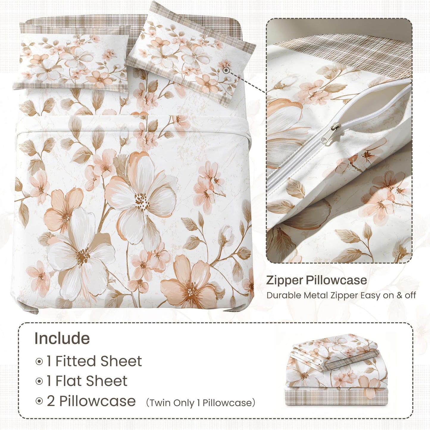 Plaid and Floral King Sheet Set Farmhouse Flat Fitted Sheet Sets
