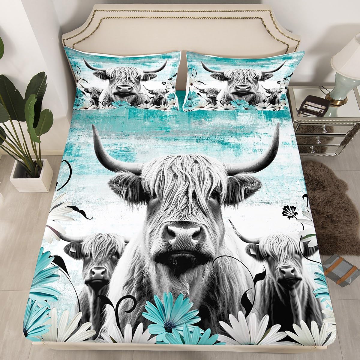 Erosebridal Highland Cow Print Bed Sheets Queen,Teal Western Farmhouse Sheet Set Rustic Home Decor,Longhorn Cattle Farm Animals Fitted Sheet Graffiti Daisy Flowers Bed Set Cowboys Gifts for Men Women
