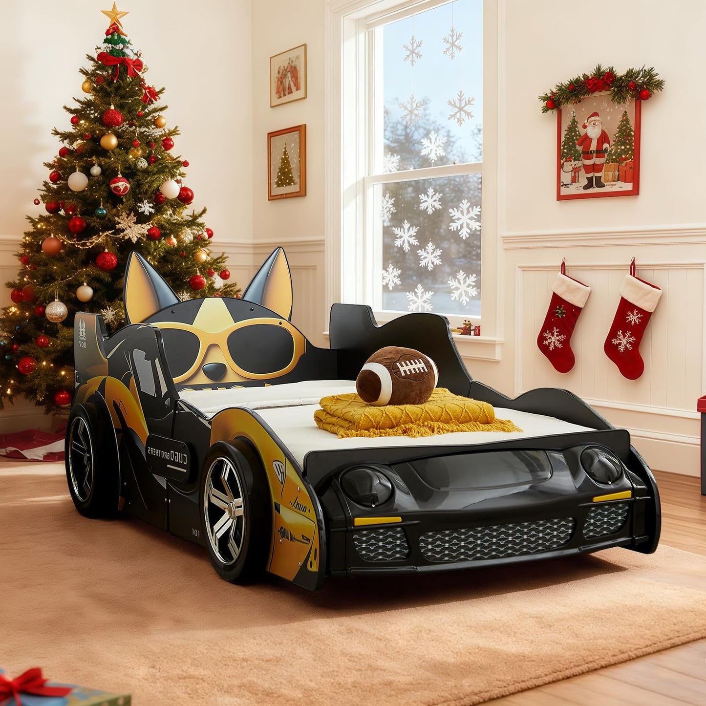 LKTART Twin Size Car Bed for Kids, Cartoon Dog Race Car-Shaped Wooden Platform Bed Frame with Headboard Wheels, LED Lights and Support Slats for Boys Toddlers Child