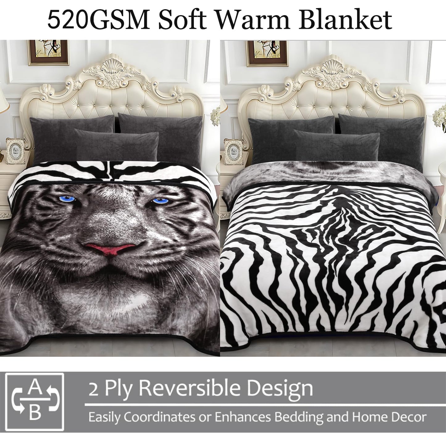 JYK Soft Fleece Bed Blanket Queen Size 5 LB, Korean Style 2 Ply Reversible Fluffy Flannel Blanket Microfiber, Warm Cozy Blanket for Autumn, Winter 75x87 Inches - Black White Tiger/Tiger Stripes