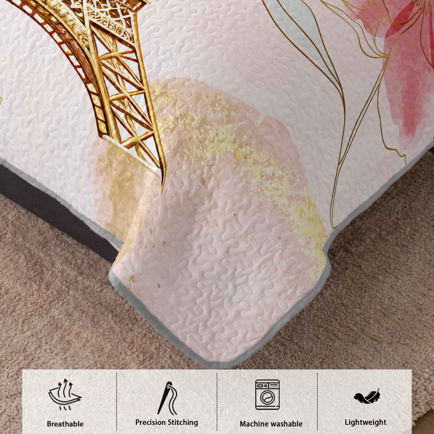 AILONEN Paris Eiffel Tower Bedding Soft Quilt Set King Size,Tie Dye Flower Pink Bedspread Coverlet,3 Piecespink and Gold Watercolor Quilt & 2 Pillowcases
