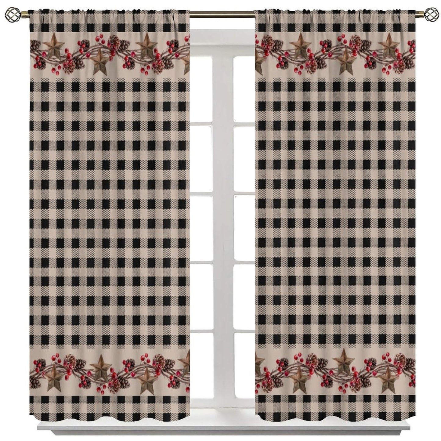 Nanacur Rustic Farmhouse Curtains, Vintage Country Black White Buffalo Plaid Pine Cone Berry Western Texas Print Window Treatments for Kitchen Bedroom Cafe, 42" W X 45" L
