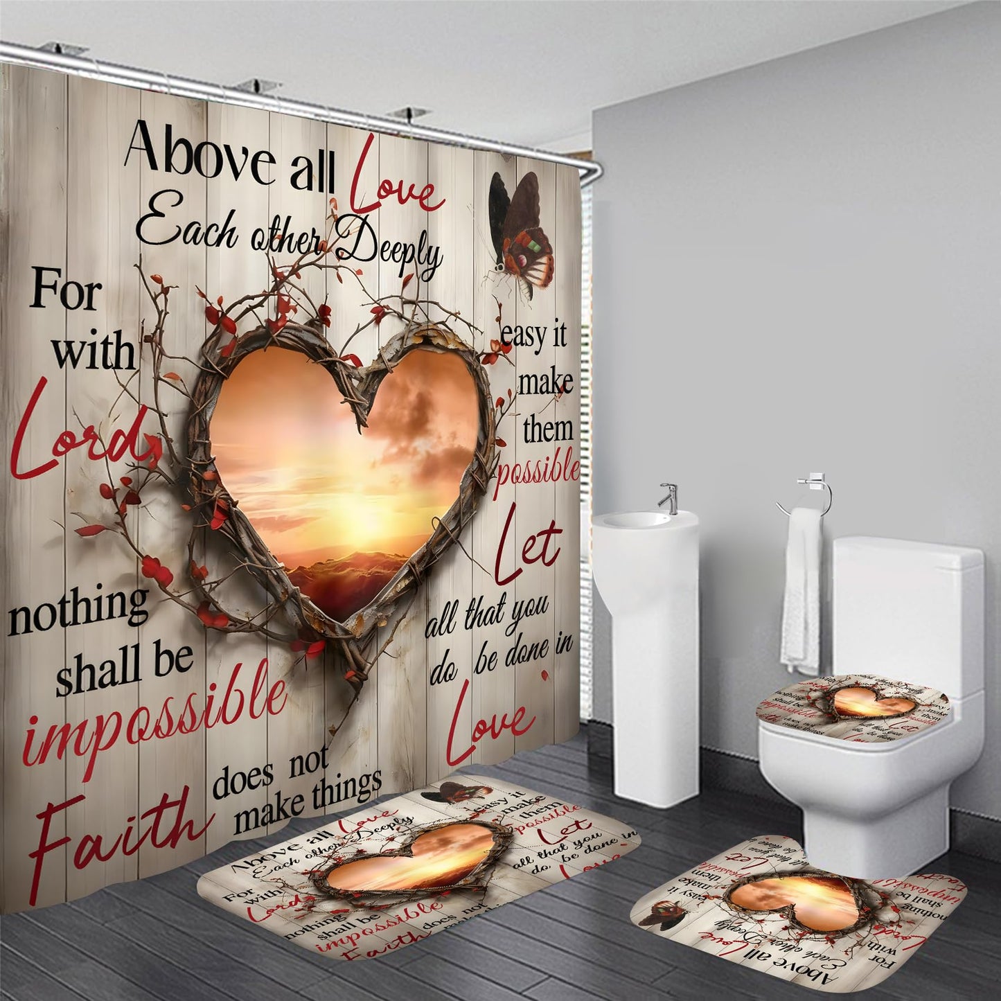 AZHM Sunset Love Heart Shower Curtain Set 4 PCS Inspirational Quote Bathroom Rug Set with Shower Curtain and 12 Hooks