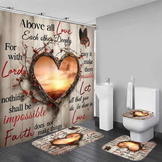 AZHM Sunset Love Heart Shower Curtain Set 4 PCS Inspirational Quote Bathroom Rug Set with Shower Curtain and 12 Hooks