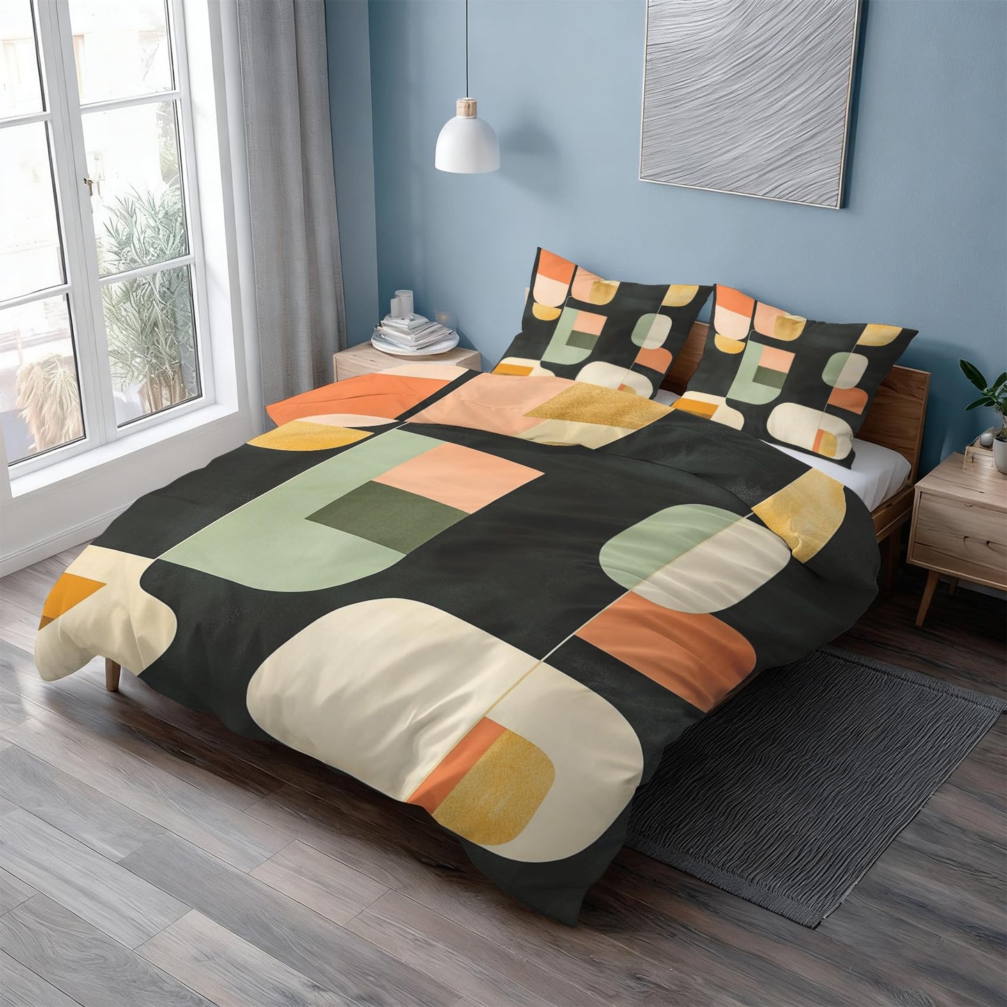Abstract Geometric Duvet Cover Twin Size, Mid Century Modern Bedding Set 2 pcs with 1 Pillow Cover, Abstract Art Bedroom Decor, Soft Microfiber Reversible, Zipper & Ties KJJT 15