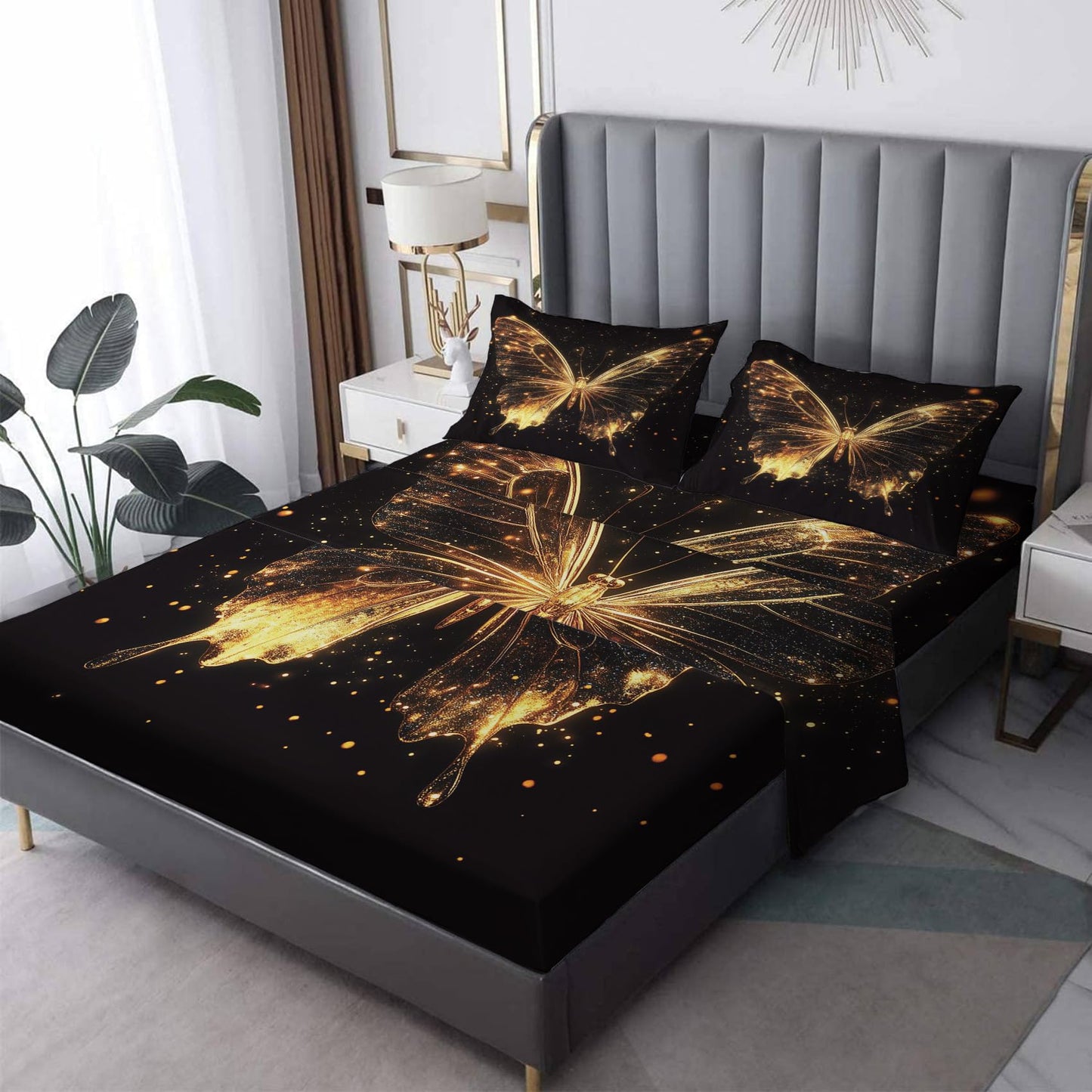 NOGAWA Butterfly Sheets Queen, Butterfly Black Gold Bed Sheets, Deep Pocket & Soft Microfiber Bedding Sheets & Pillowcases 4 Piece - Fitted Sheet & Flat Sheet & 2 Pillow Cases