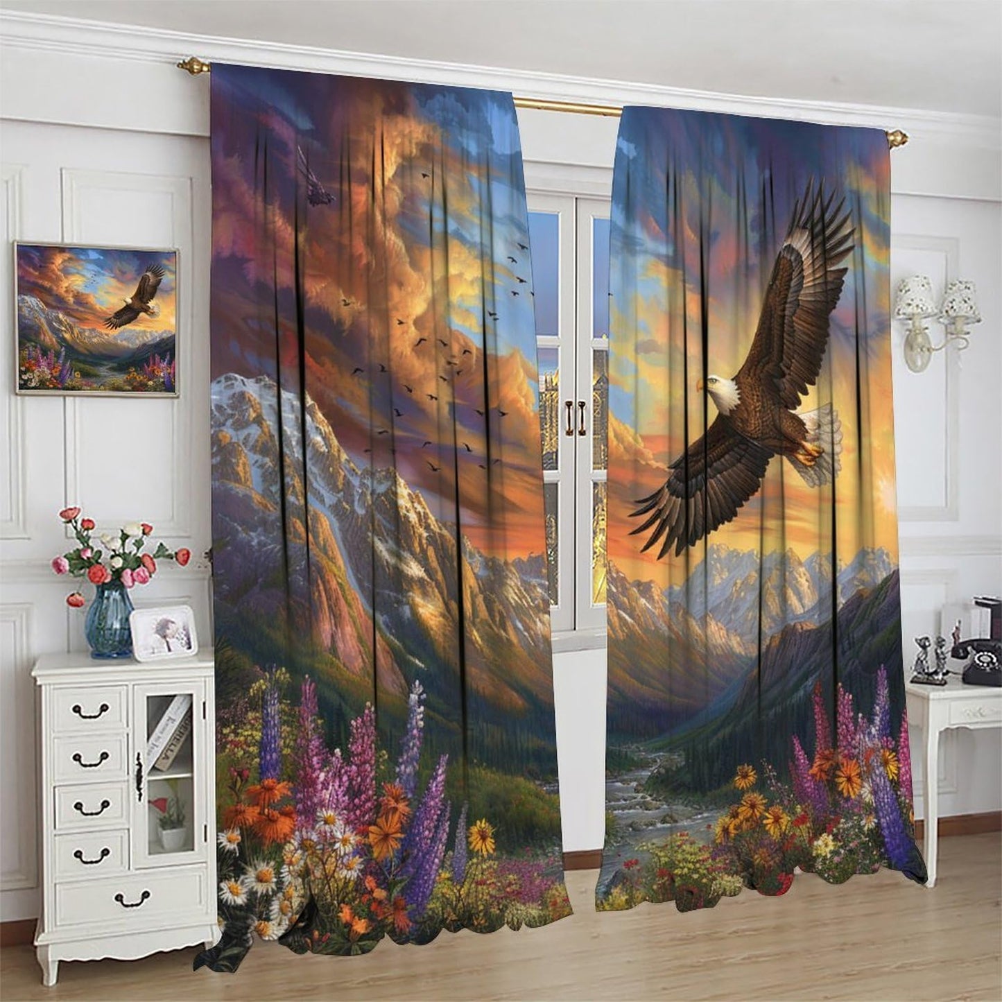 TOWINSFB Classic Mountain Garden Blackout Curtains, Nature Eagle Flower Landscape Home Decor Rod Pocket Window Drapes for Living Room Bedroom - 42" W x 63" L