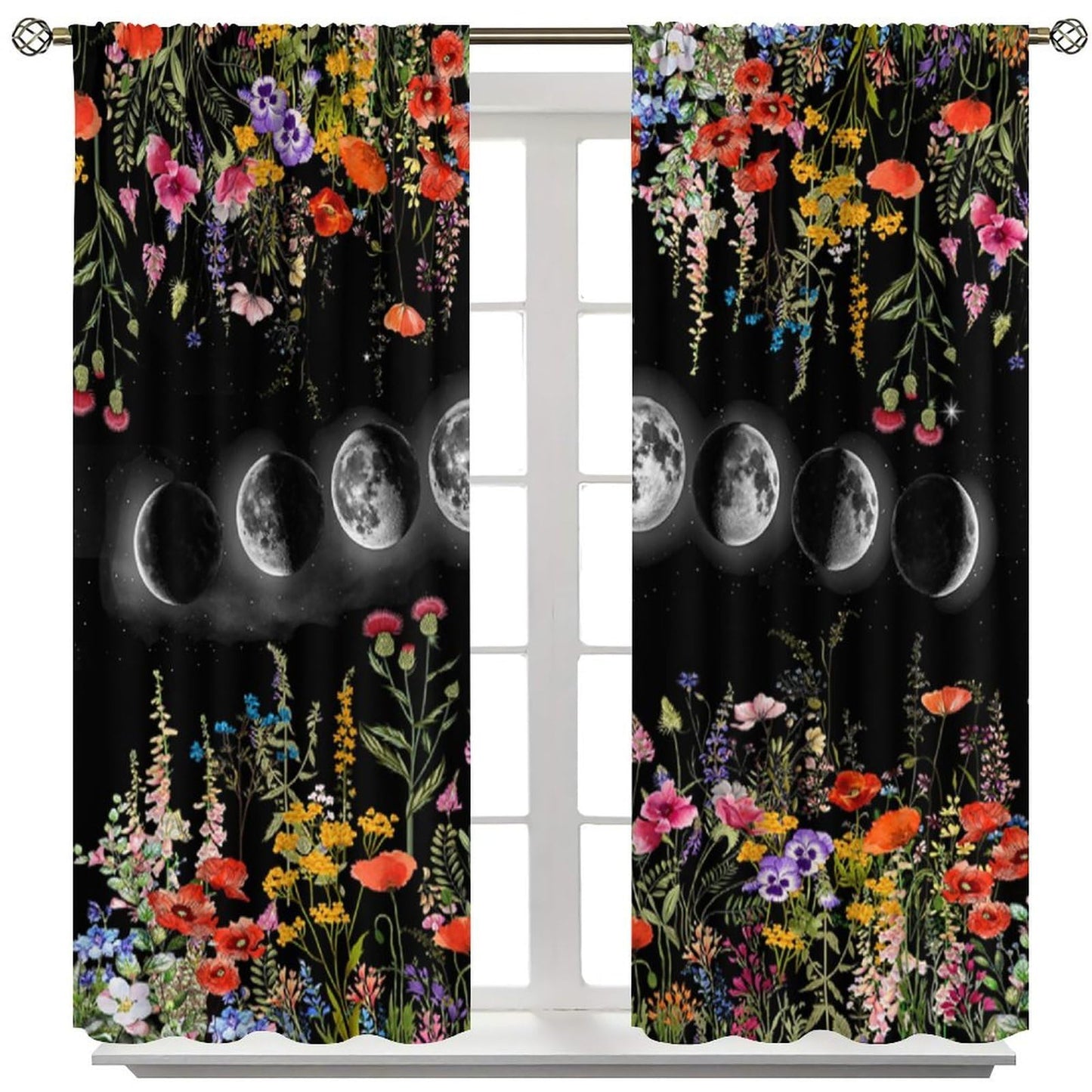 Moonlit Boho Floral Curtains,Garden Moon Phase Plants Flowers Village Art Print Window Drapes for Bedroom Living Room Kitchen Cafe （W20xL45 Inch） x2 Decor