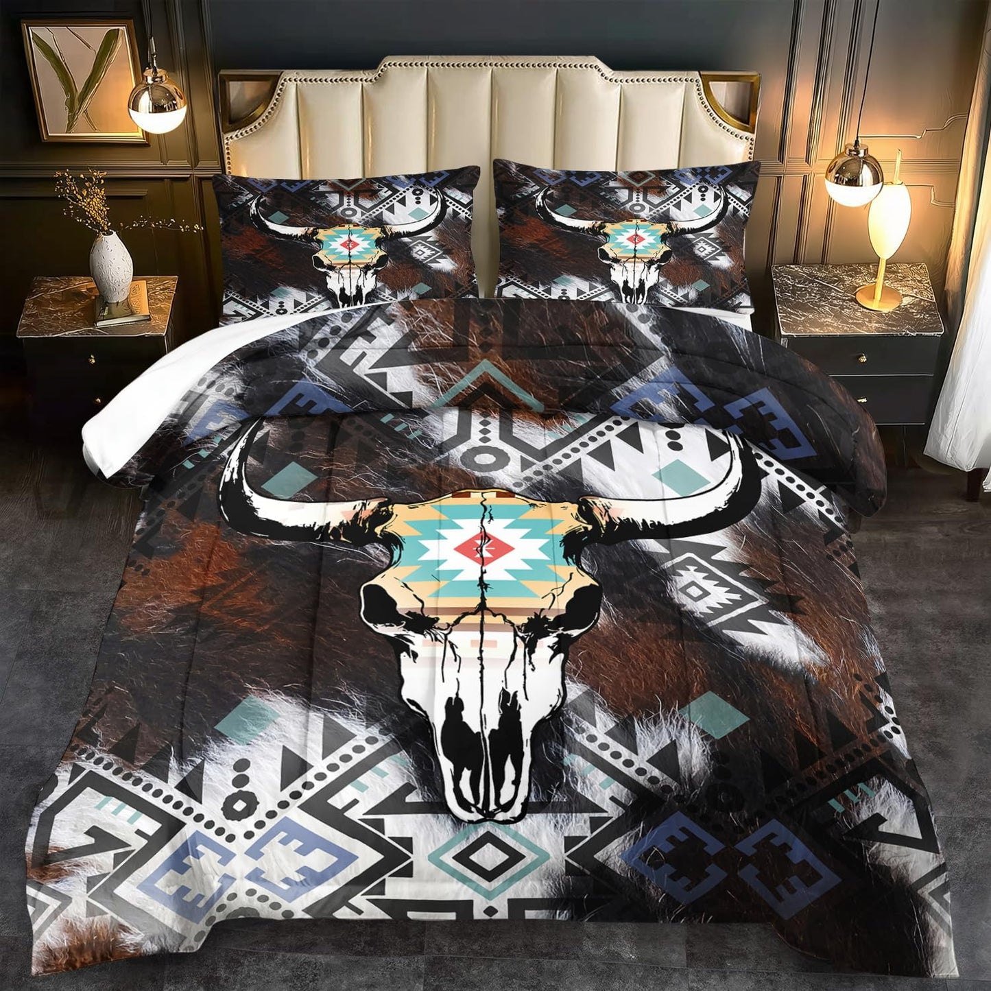 llyxsesty Western Comforter Set Queen,Shabby Chic Bedding Sets Queen,Boho Comforter Farmhouse Bedroom Decor,Cow Skull Western Quilt Cowboy Party Decorations,Cowboy Farmhouse Quilt for Boy