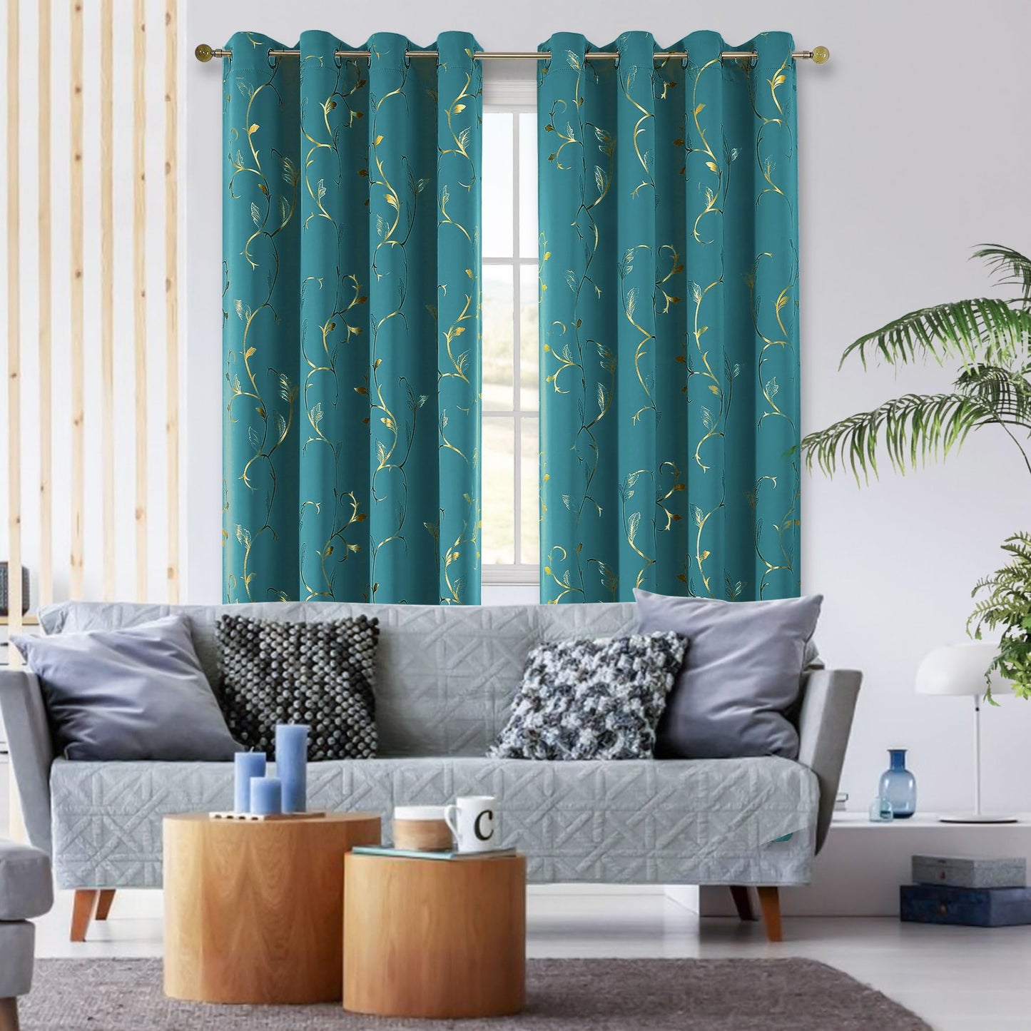 BUHUA Blackout Curtain 2 Panel Set Gold Vine Foil Print Thermal Insulated Drapes Room Darkening Curtains Grommet Window Treatment, 52 x 72 Inch, Teal Blue