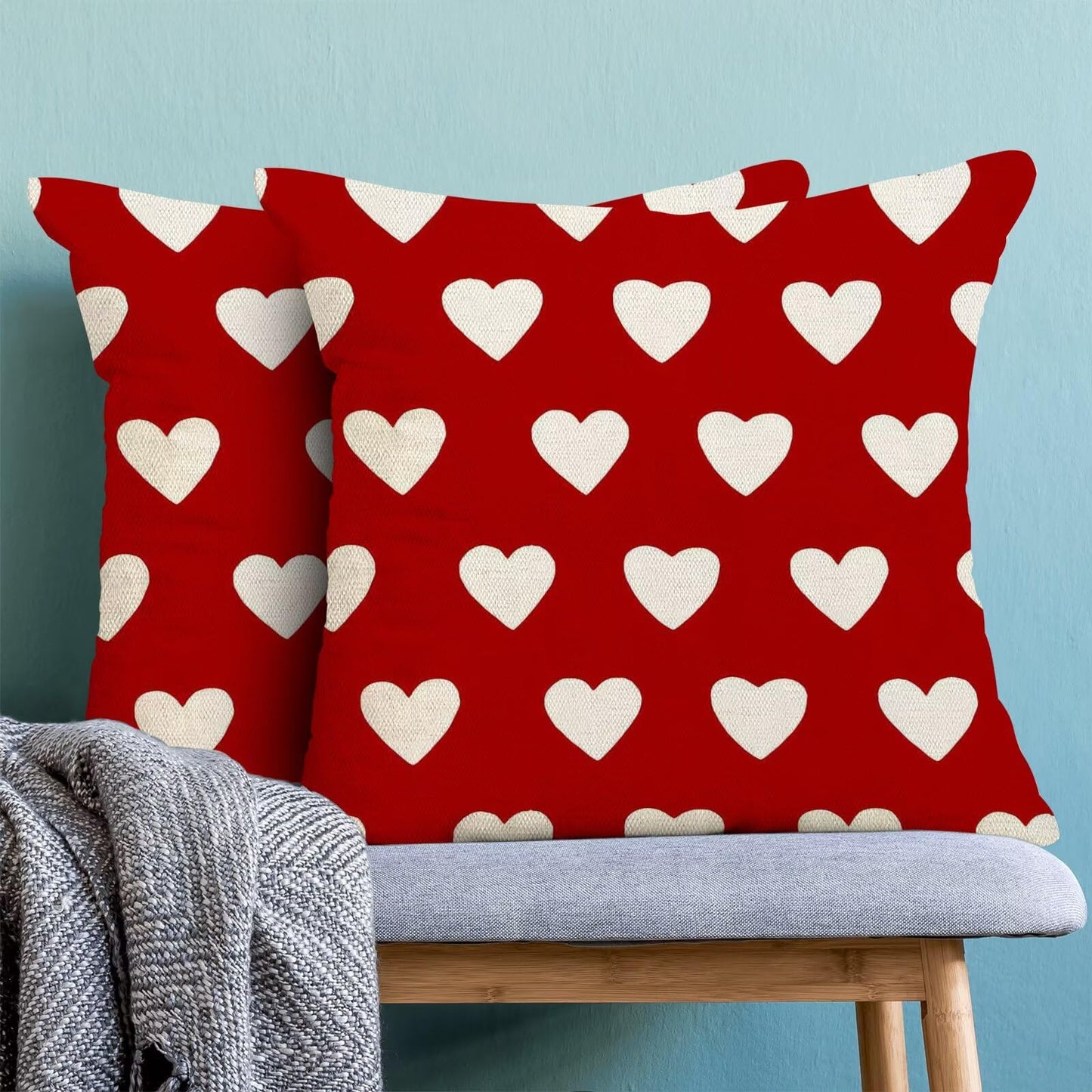 AEIOAE Valentines Pillow Covers 18x18 Inch Set of 2, Red Love Hearts Throw Pillows Farmhouse Linen Love Hearts Pillow Case for Sofa Bedroom Living Room Indoor Outdoor