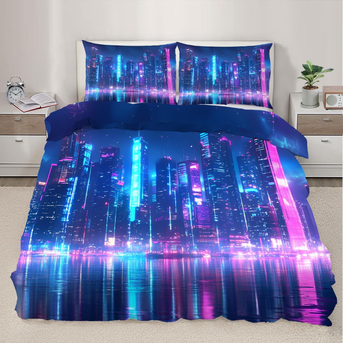 PAISUOQ Cityscape Duvet Cover King, Neon City Comforter Cover with Zipper Ties, Sci-Fi Futuristic Bedding Set, 3 Pieces with 2 Pillow Cases, Home Decor & Gifts