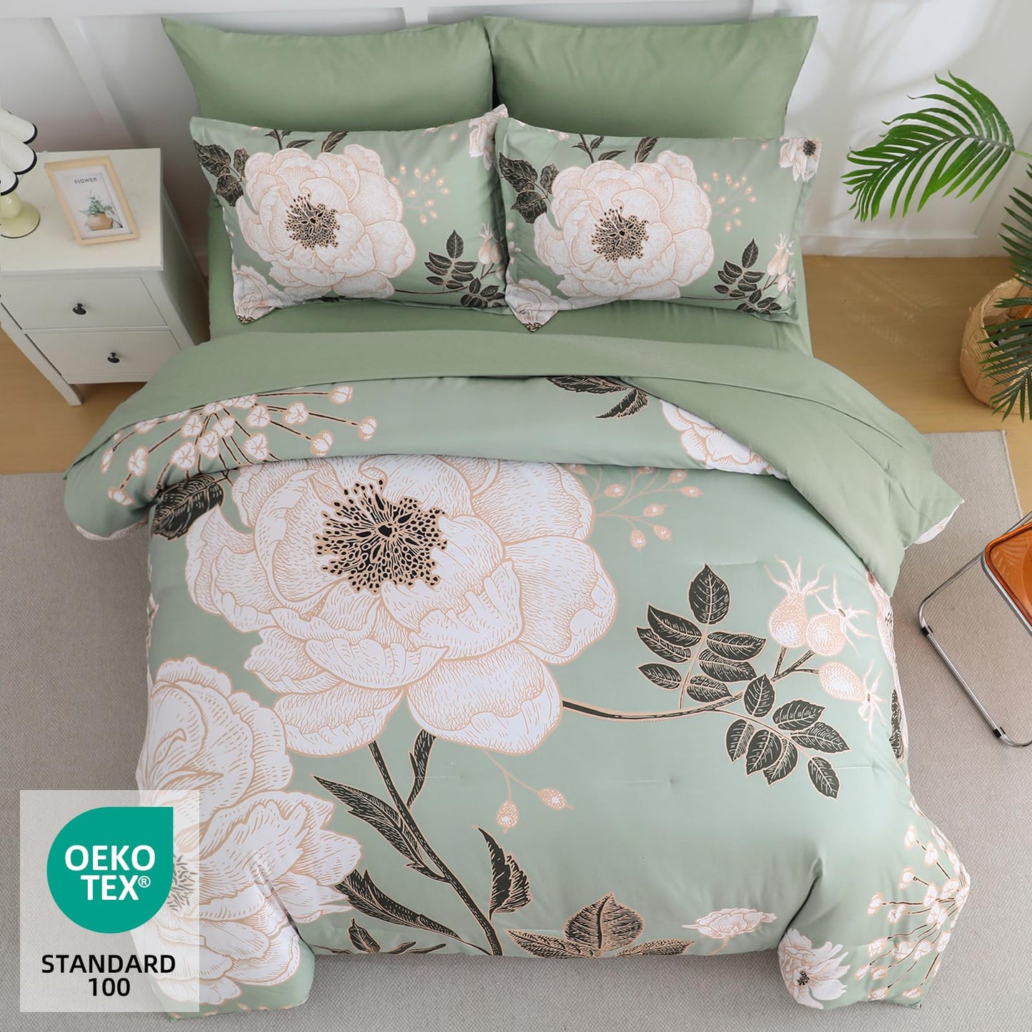Luxudecor Floral Queen Comforter Set 7 Pieces Bed in a Bag, White Flower Print on Green Bedding Set, Soft Reversible Comforter with Sheet Set 90"x90"