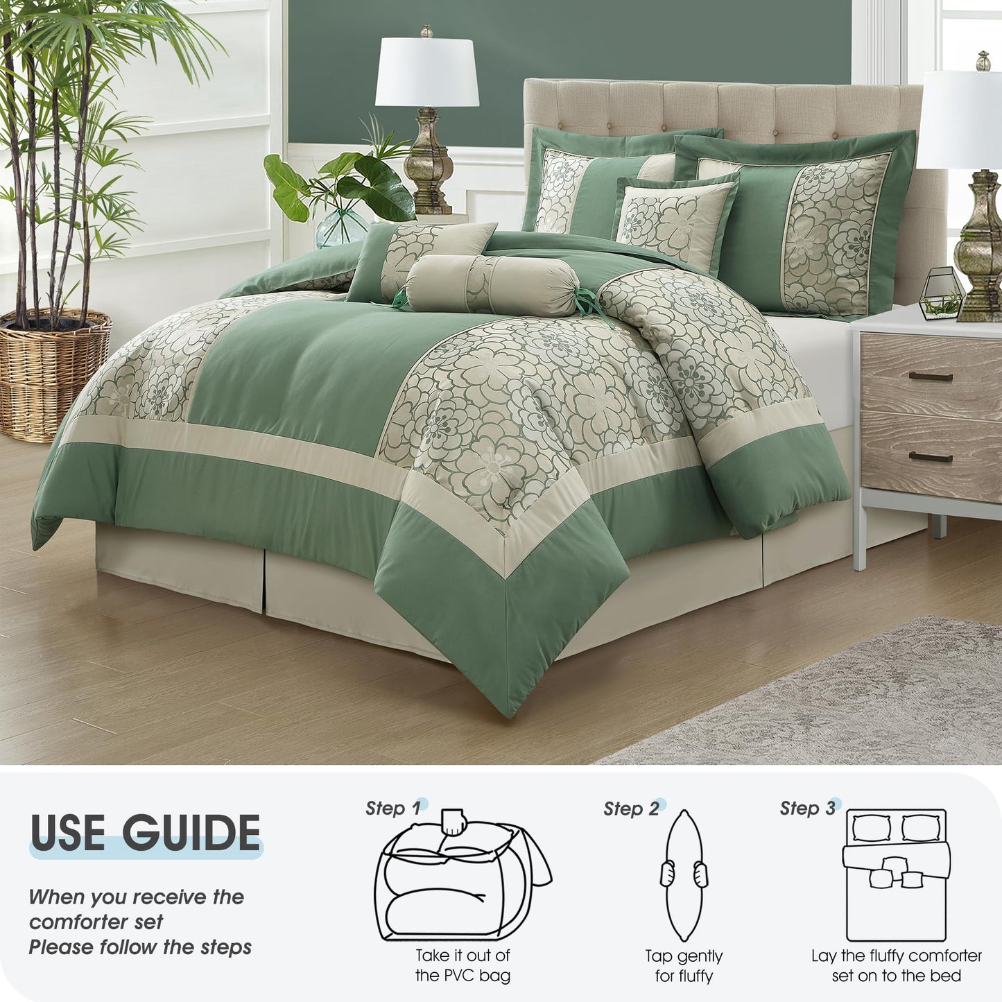 LANCO MODERN LIFESTYLE 7 Piece Queen Comforter Set, Green, Elegant Floral Jacquard, Stylish and Cozy Bedding Collection, Premium Bedding Set with Bedskirt, Shams and Pillows