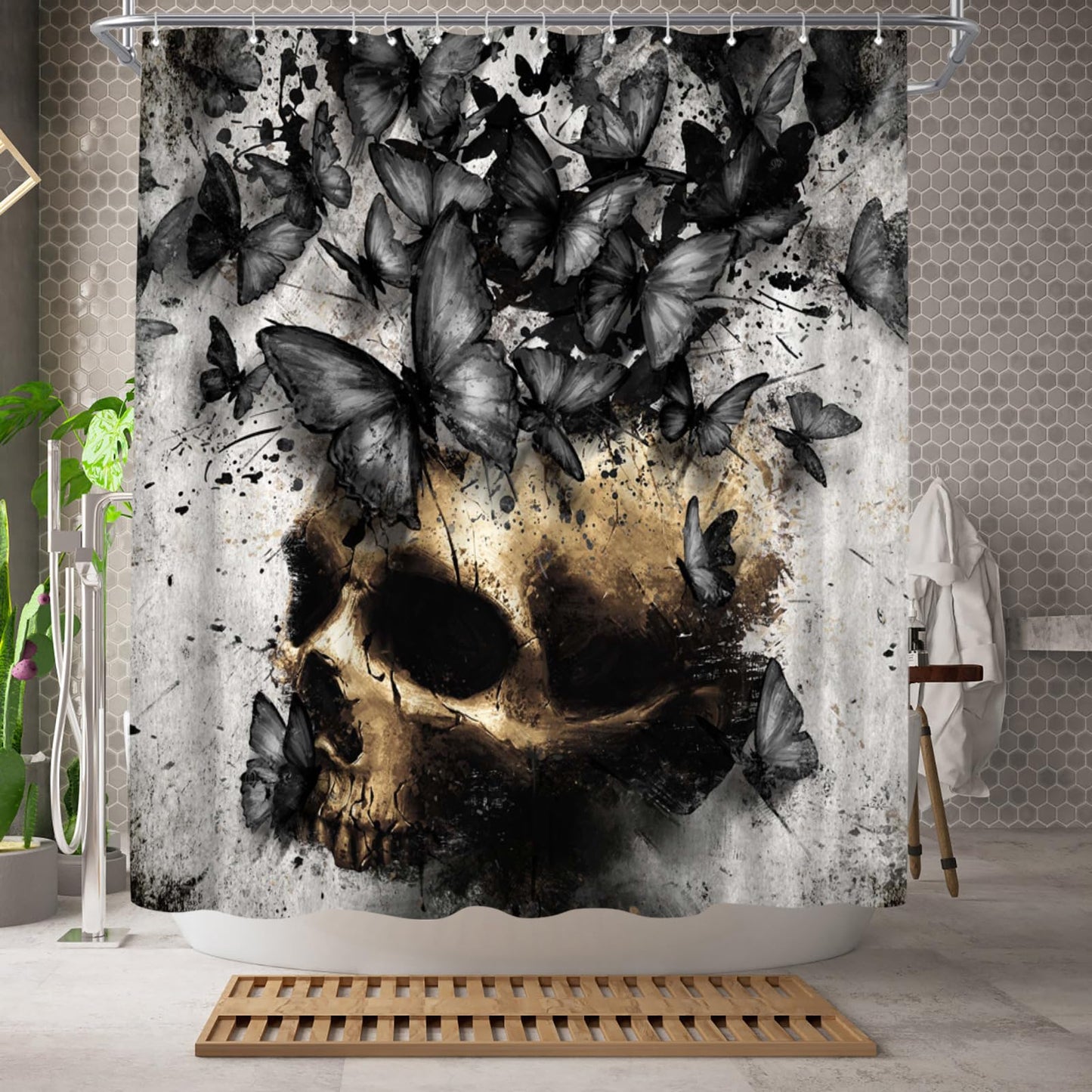 WELMECO Skull with Butterfly Shower Curtain Gothic Bathroom Decor Polyester Fabric, 72x72inch (Black)