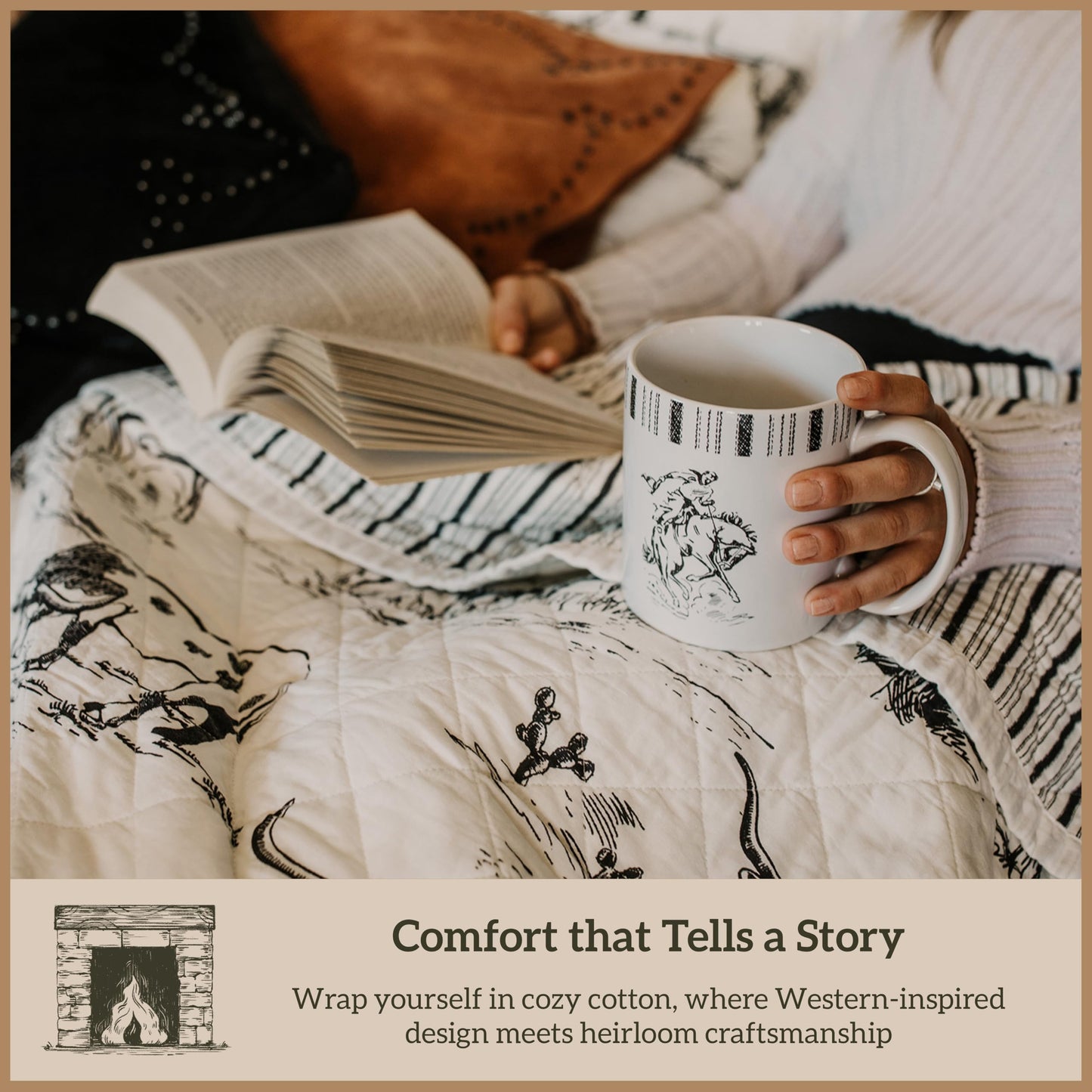 Paseo Road Ranch Life Full Queen Cotton Quilt Set, 3 Piece Western Bedding Set with Pillow Shams, Black White Reversible Quilt with Cowboy Longhorn Horse Cow Print, Soft Cozy Rustic Farmhouse Bedding