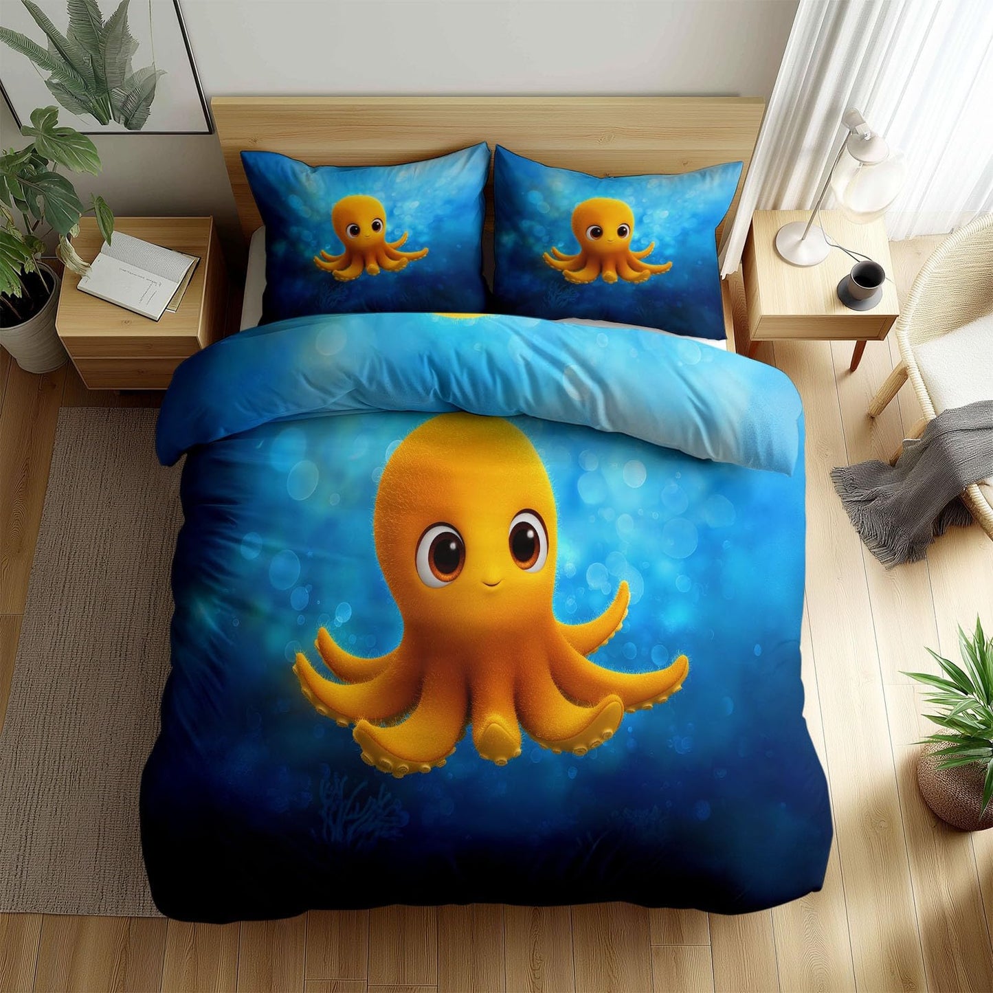 Super Soft Cartoon Style Duvet Cover Set Twin Size, Minimalist Underwater Yellow Octopus Bedding for Kids Boys Girls Teens - Breathable and Anti-Allergic Soft Comforter Cover 2 Pillow Shams