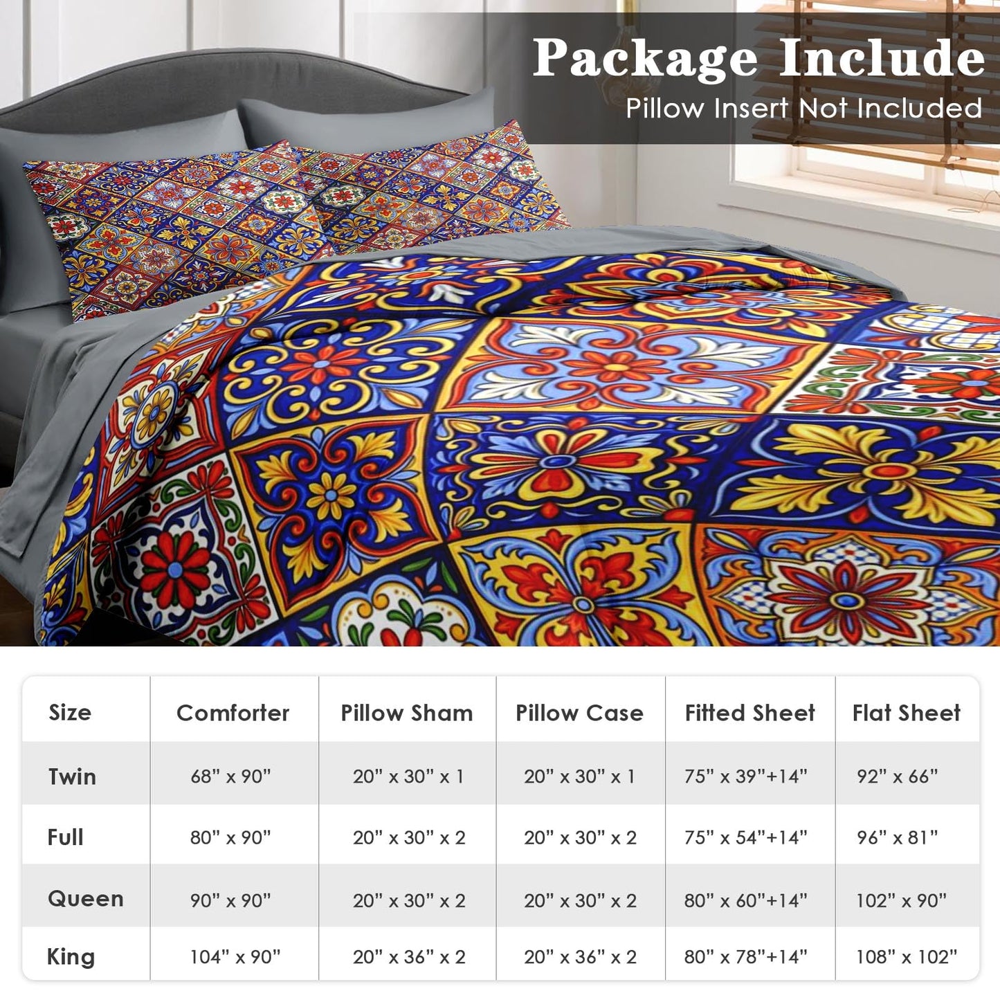Pamnest Comforter Set Full Size, Mexican Talavera Ceramic 7 Pcs Bedding for Kids and Adults, Italian Spanish Bed Sheet Sets with Fitted Sheet 2 Pillowcases & 2 Shams for Bedroom Bed Decor
