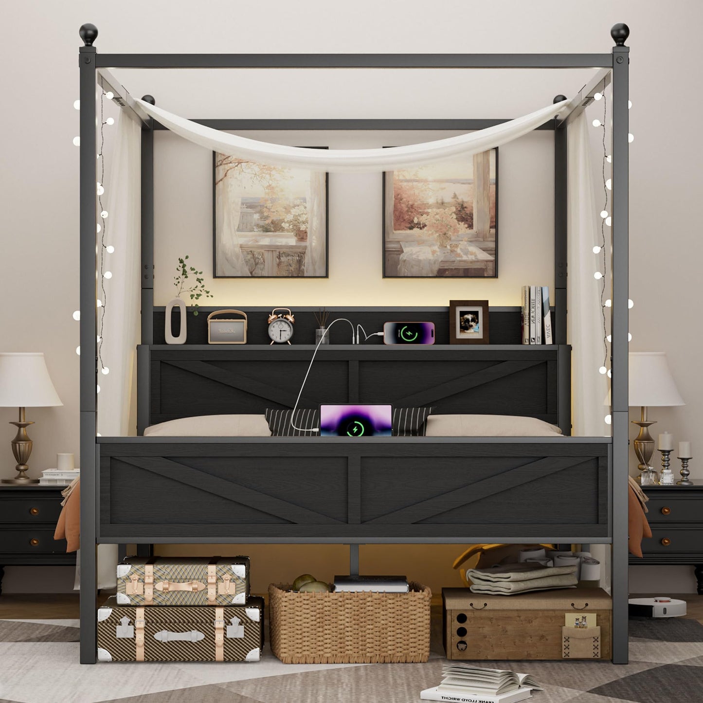 Tsovihe Full Size Canopy Bed Frame with Barn Door Storage Headboard, Metal Slats Support LED Light & Charging Station/No Box Spring Needed/Easy Assembly/Curtain Not Included/Black