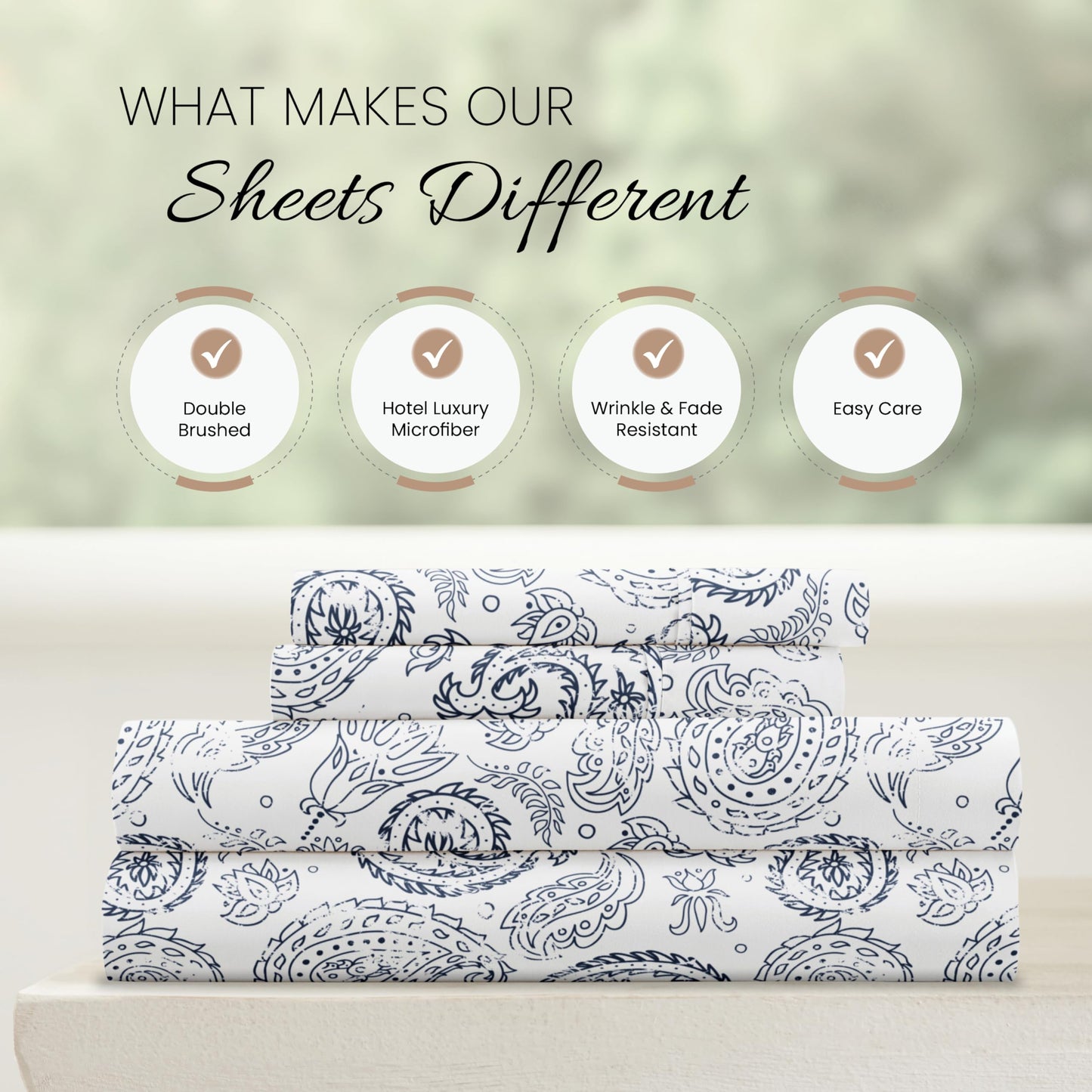 Linen Market Patterned Microfiber King Sheet Set 4 Piece – Oeko-TEX Certified Ultra Soft & Wrinkle-Free - 16" Deep Pocket Sheets - Easy Care King Size - Coarse Paisley Navy