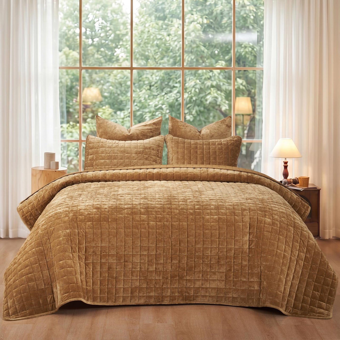 PHF Luxurious Velvet Quilt Set King Size – 3PCS Super Soft Quilted Comforter Alternative with Square-Box Quilt Pattern, Warm Quilted Bedspread Coverlet, 108" x 92", Rusty Burnt Orange