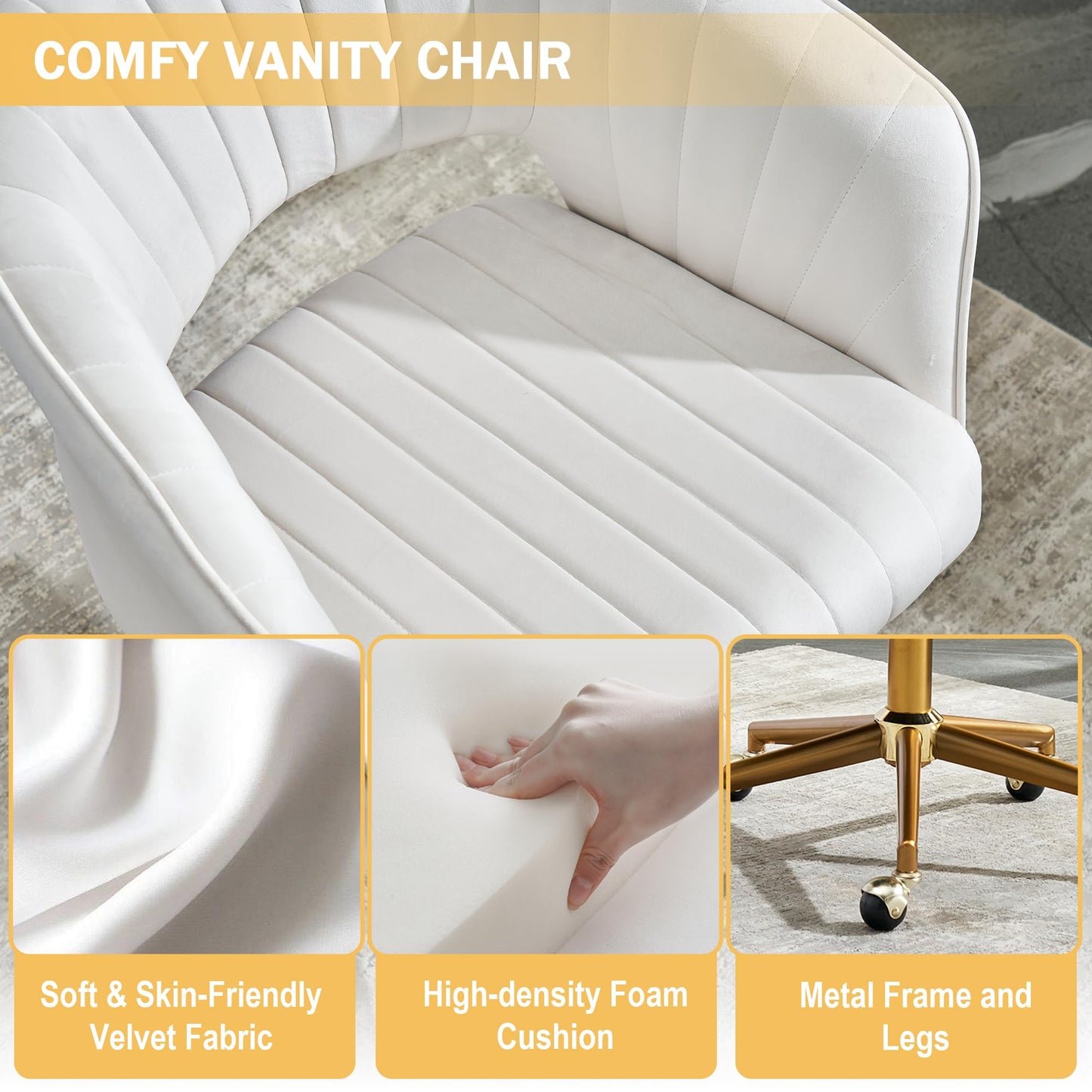 Kiztir Vanity Chair with Wheels, Criss Cross Velvet Vanity Chair with Back Modern Home Office Desk Chair Swivel Accent Chair for Bedroom Living Room (Beige)