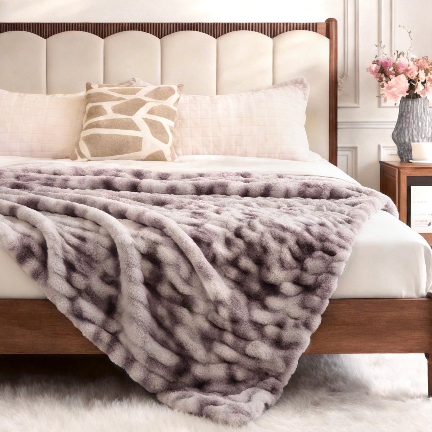 VFROO Ruched Faux Fur Throw Blanket, Soft Plush Fluffy Blanket, Warm Thick Cozy Blanket for Couch Bed and Sofa, Fuzzy Comfy Rabbit Fur Throw Blankets Gifts for Women Mom Her (50"x60",Tie-dye Taupe)