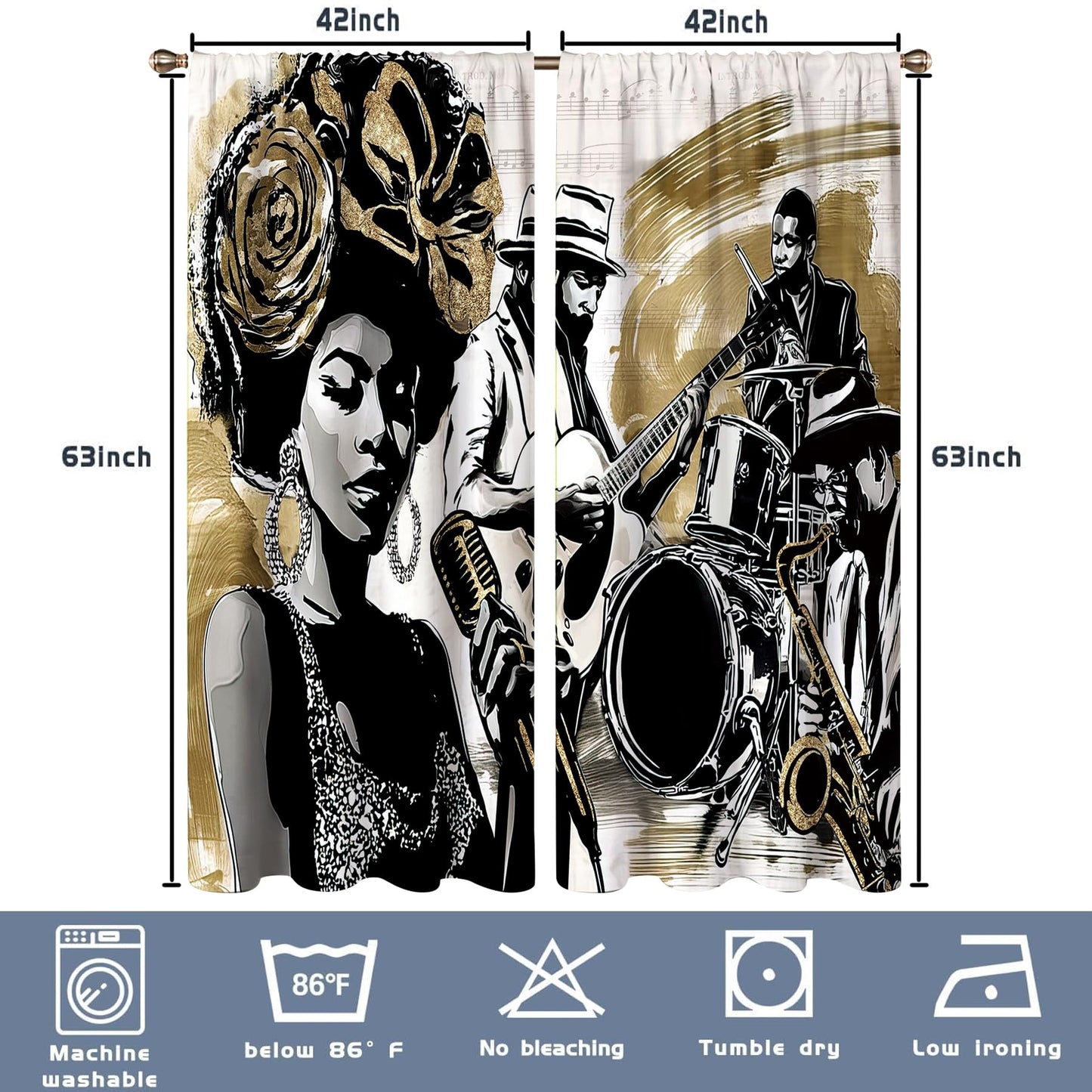 Glioown African American Window Curtains, Jazz Music Light-Filtering Drapes for Living Room Bedroom, Hippie Band Rod Pocket Window Treatments (2 Panels, 42 x 63 in)